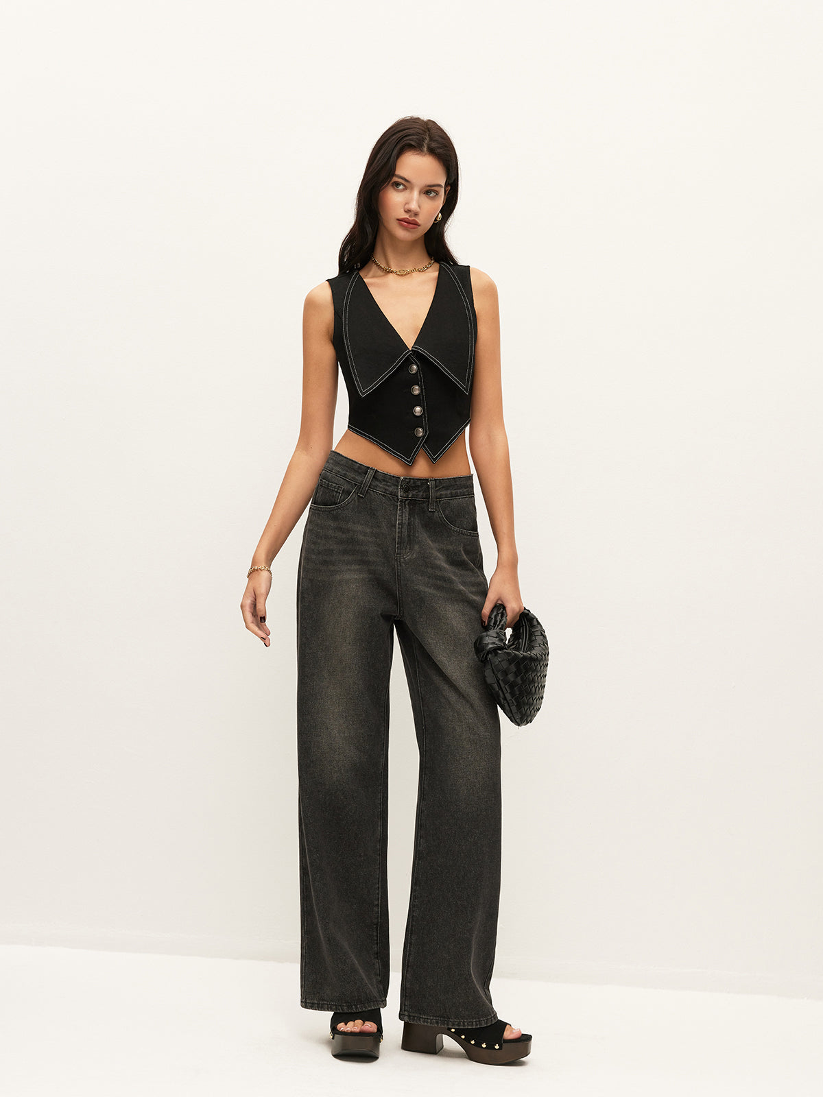 Collared Button-Down Denim Top