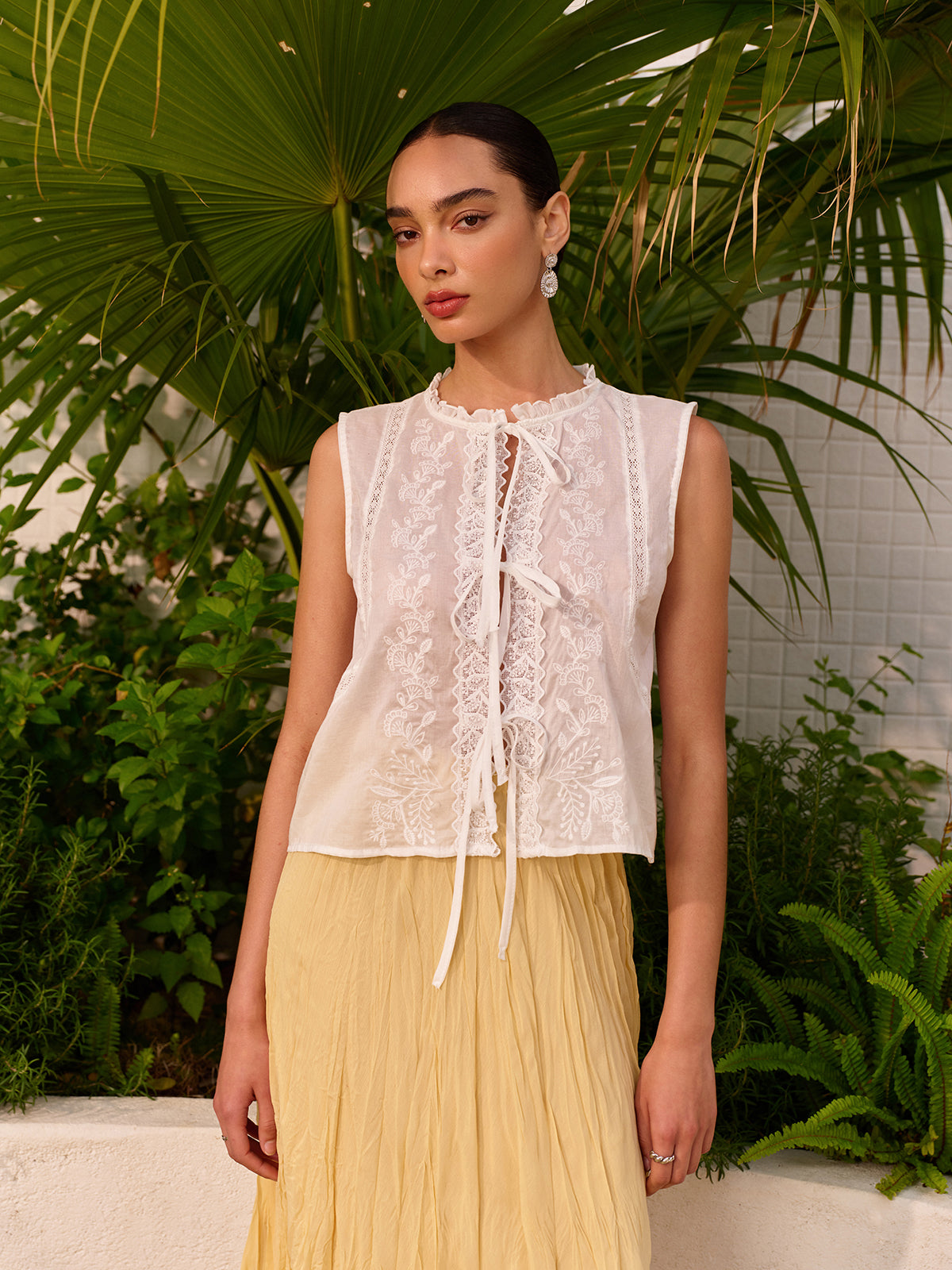 Semi-Sheer Embroidered Lace Tie Blouse