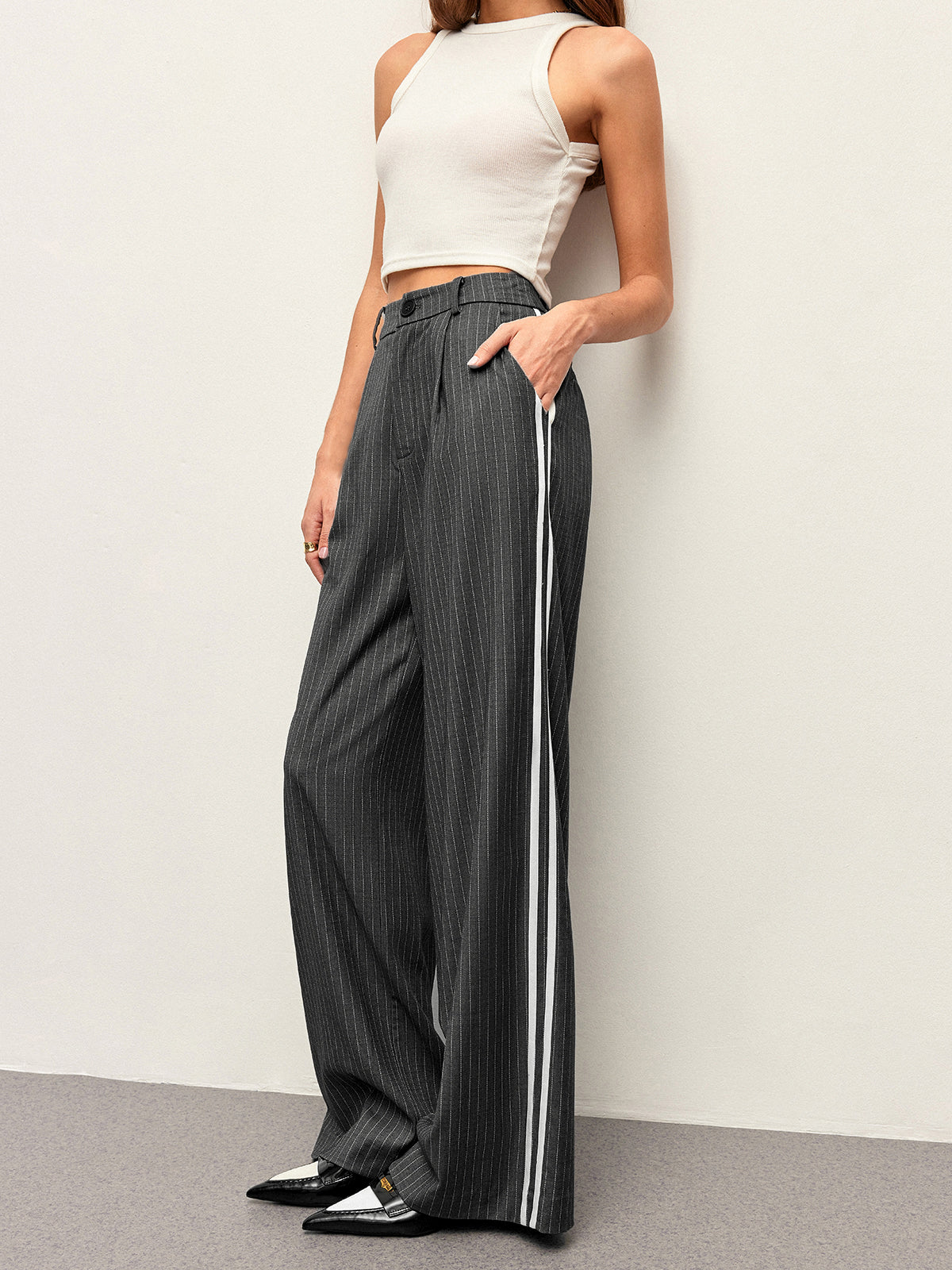 Pantalon à panneaux rayés taille mi-haute