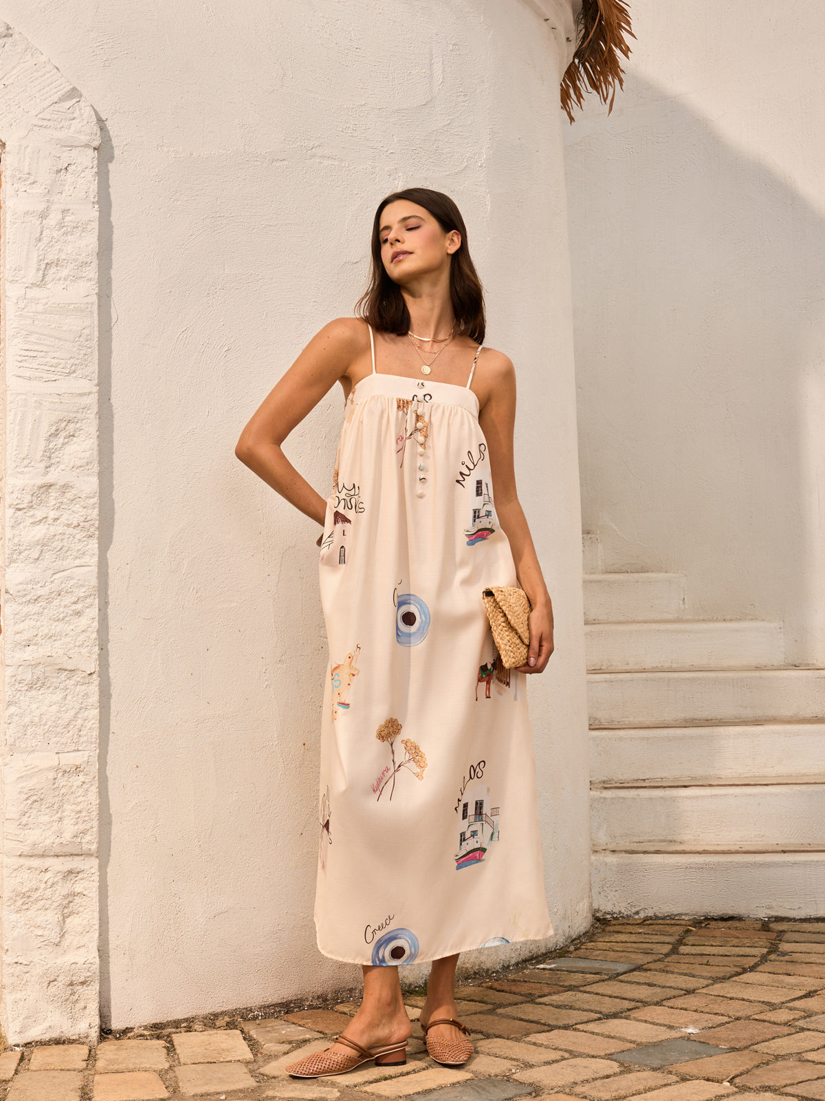 Robe à bretelles à imprimé graphique et nœud sur le devant