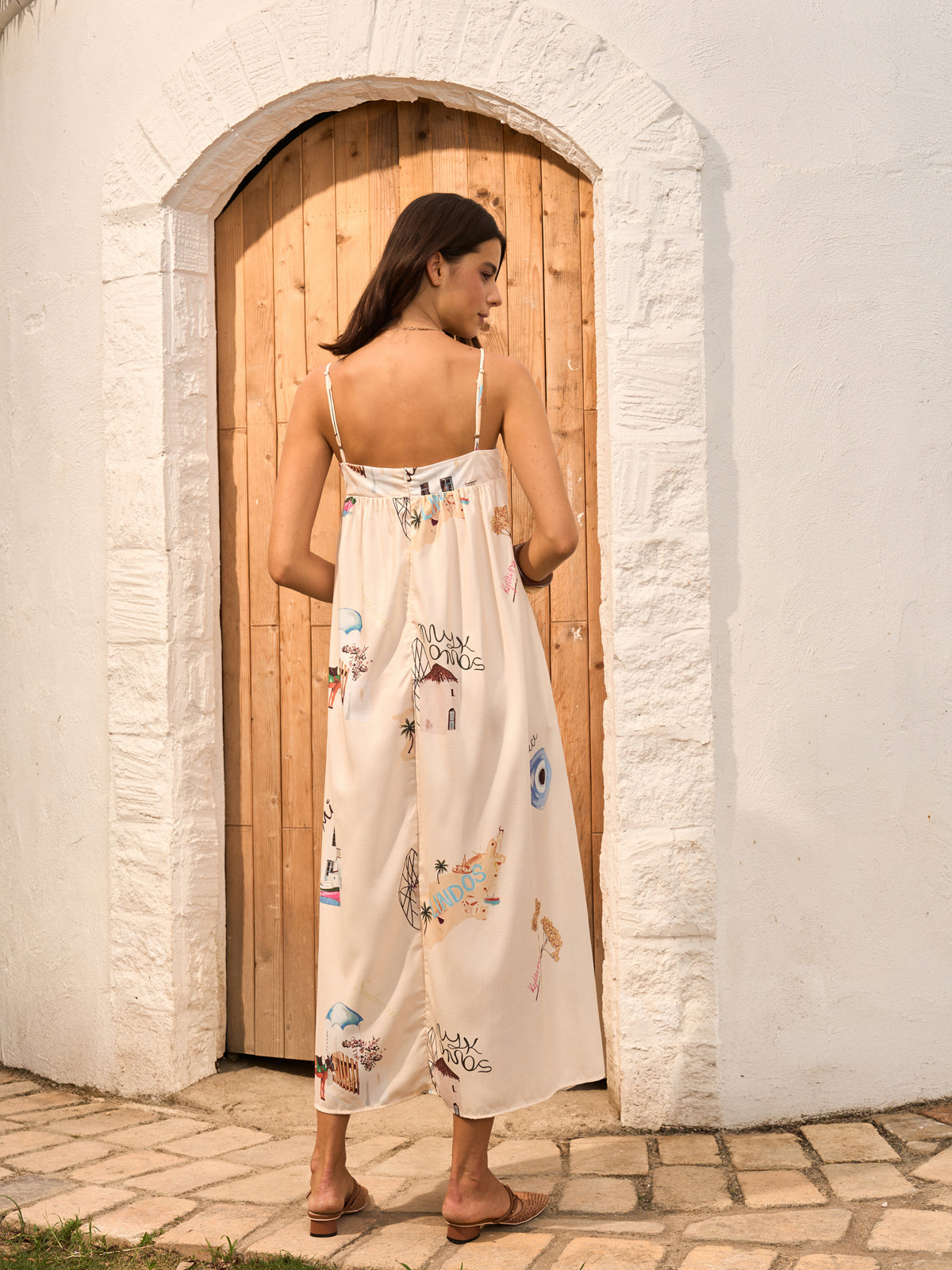 Trägerkleid mit grafischem Print und Bindeband vorne