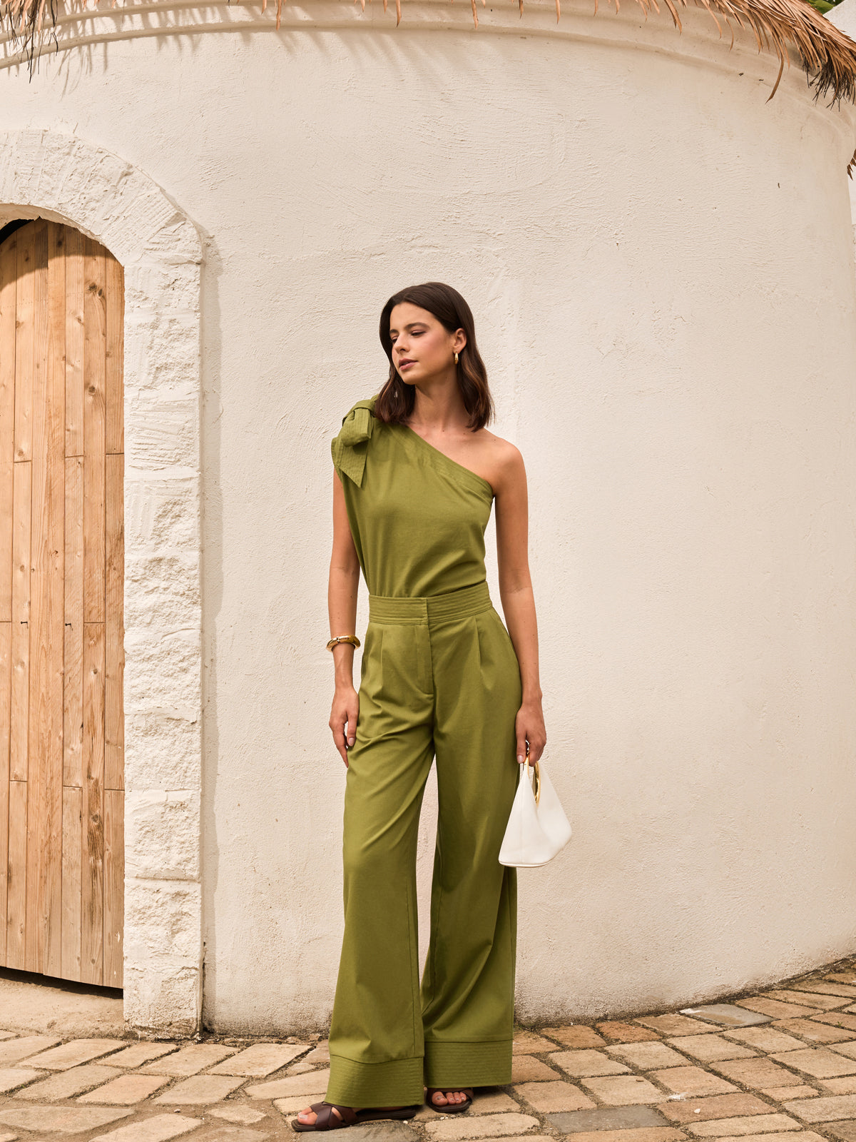 Cotton & Linen One-Shoulder Top With Pants Set