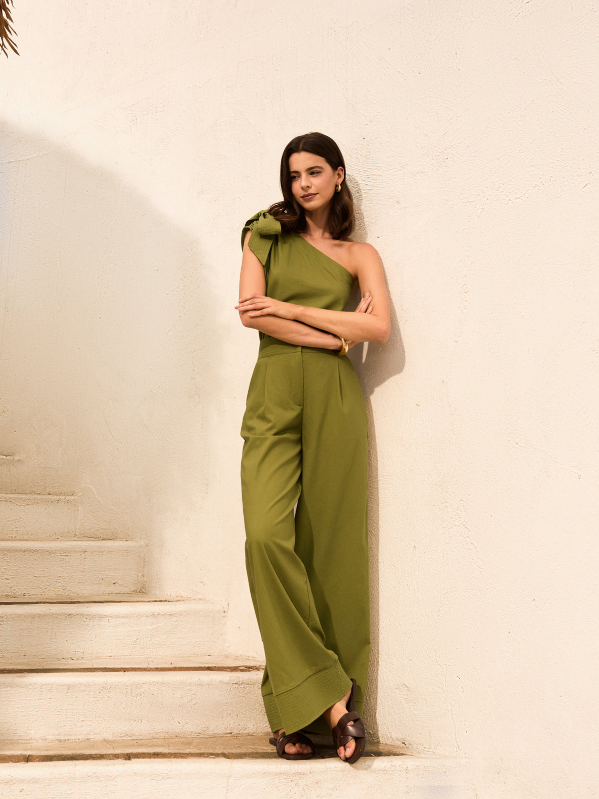 Cotton & Linen One-Shoulder Top With Pants Set