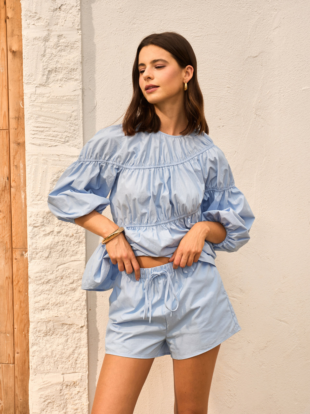 Baumwollmischung-Puffärmel-Oberteil mit Shorts-Set