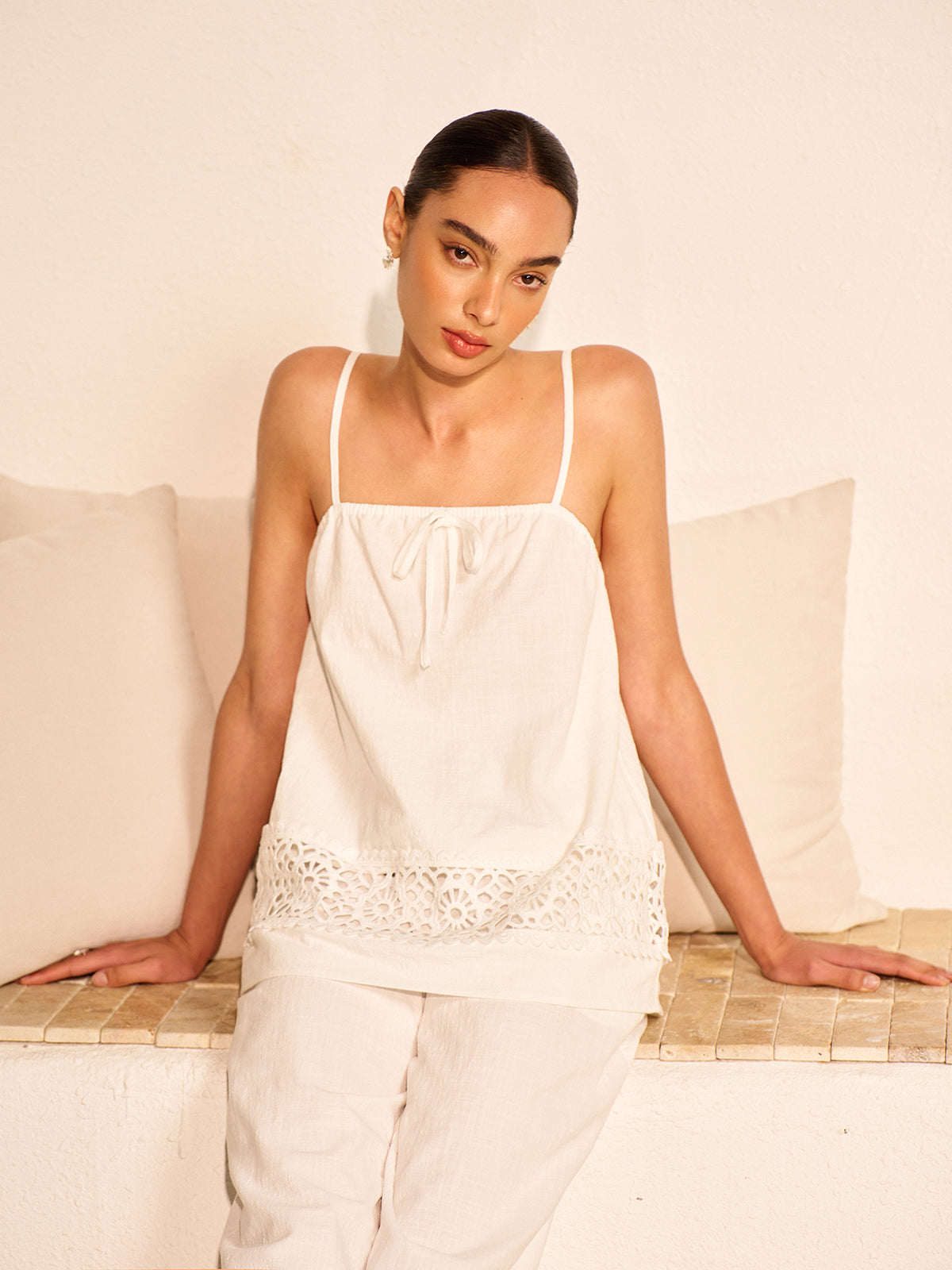 Cotton Pants Set With Lace Panels