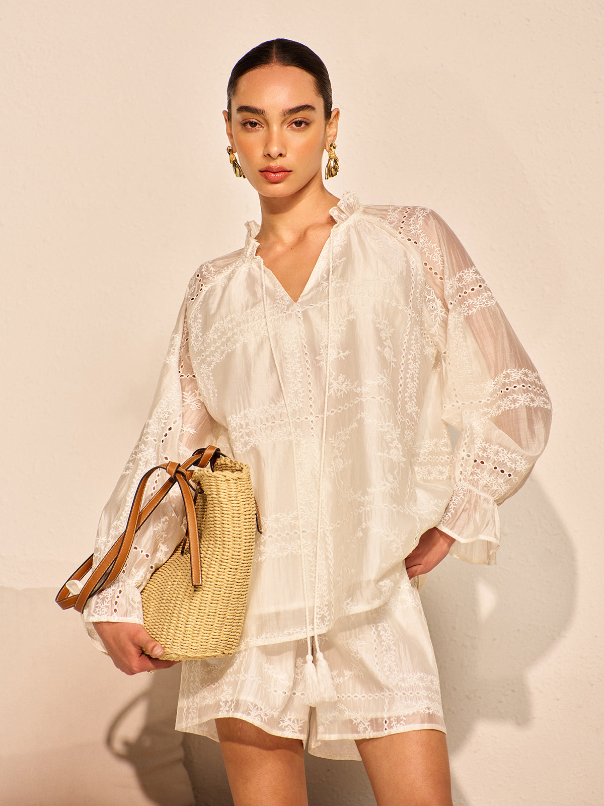 Langarm-Shorts-Set mit Stickereidetail