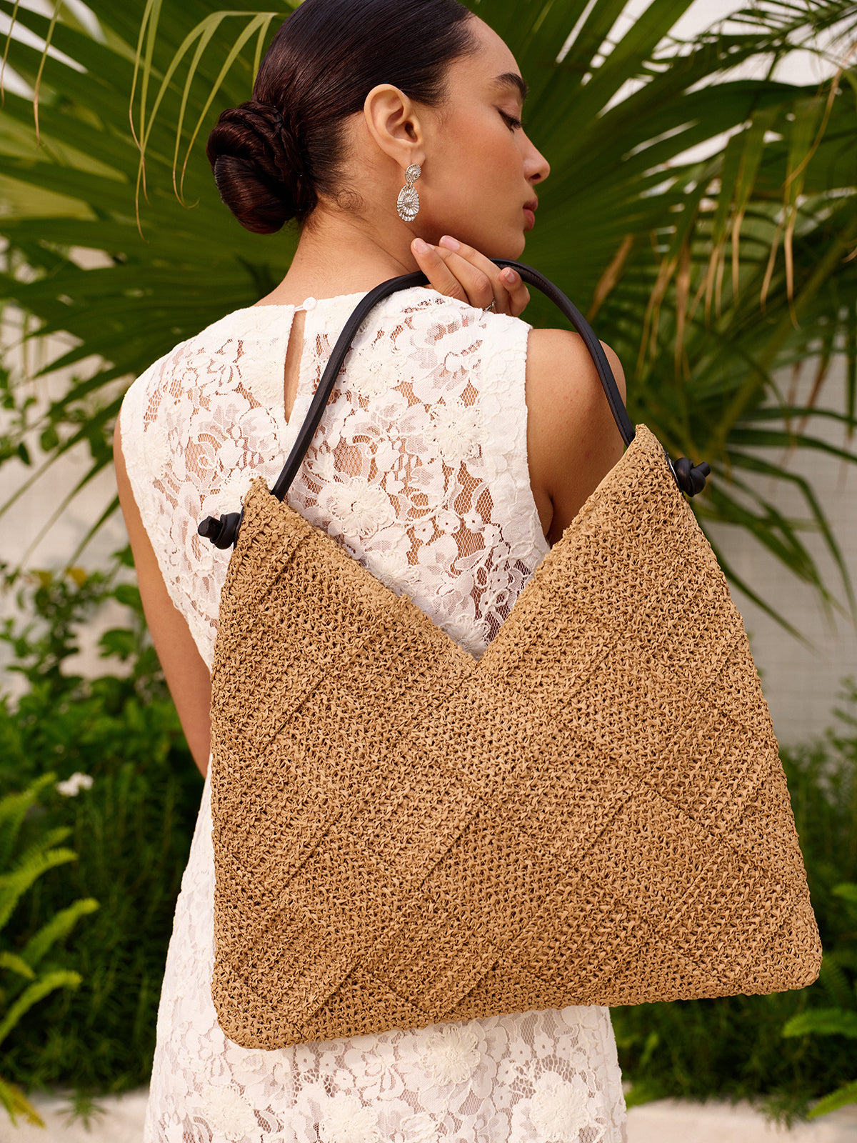 Sac cabas tissé avec anse en similicuir