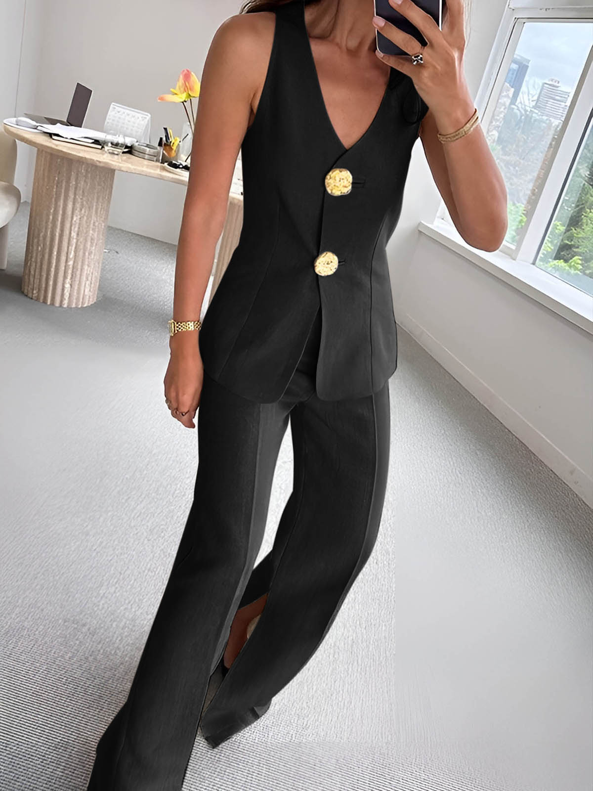 Button Split Sleeveless Pants Set