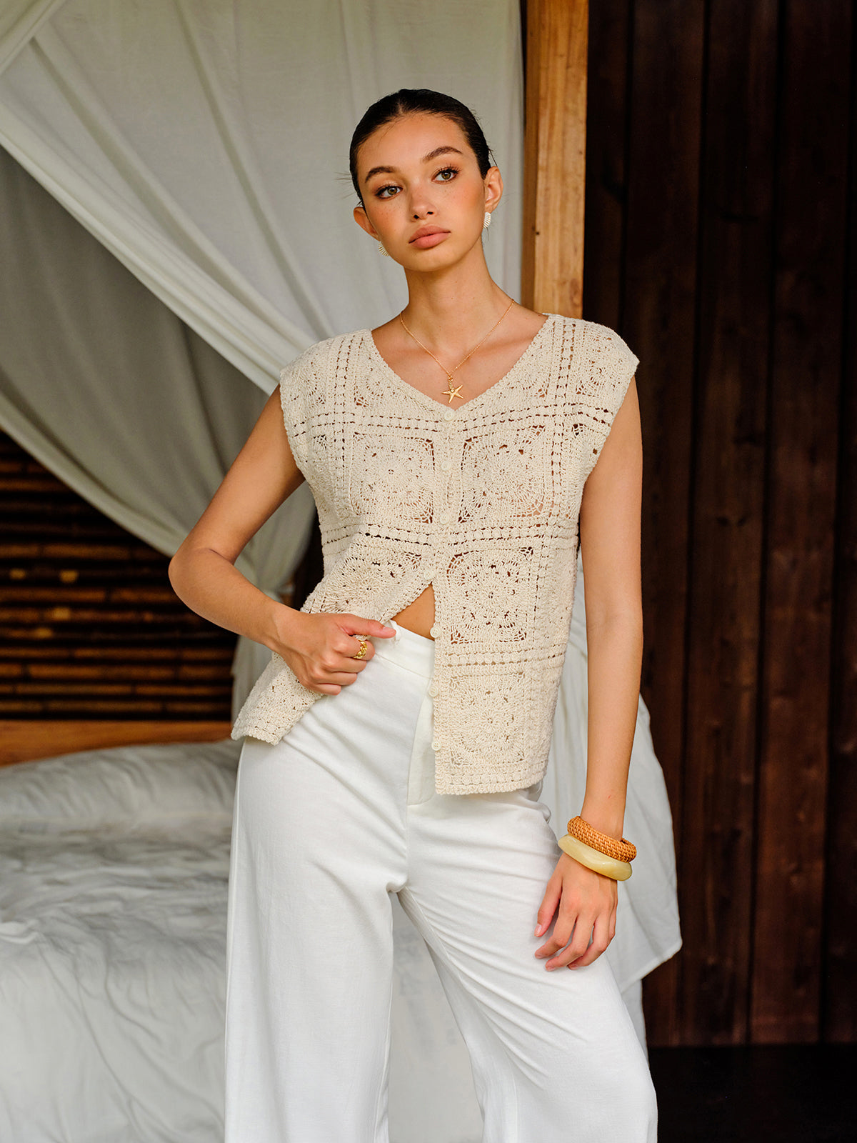 Cotton Crochet Knit Buttoned Top