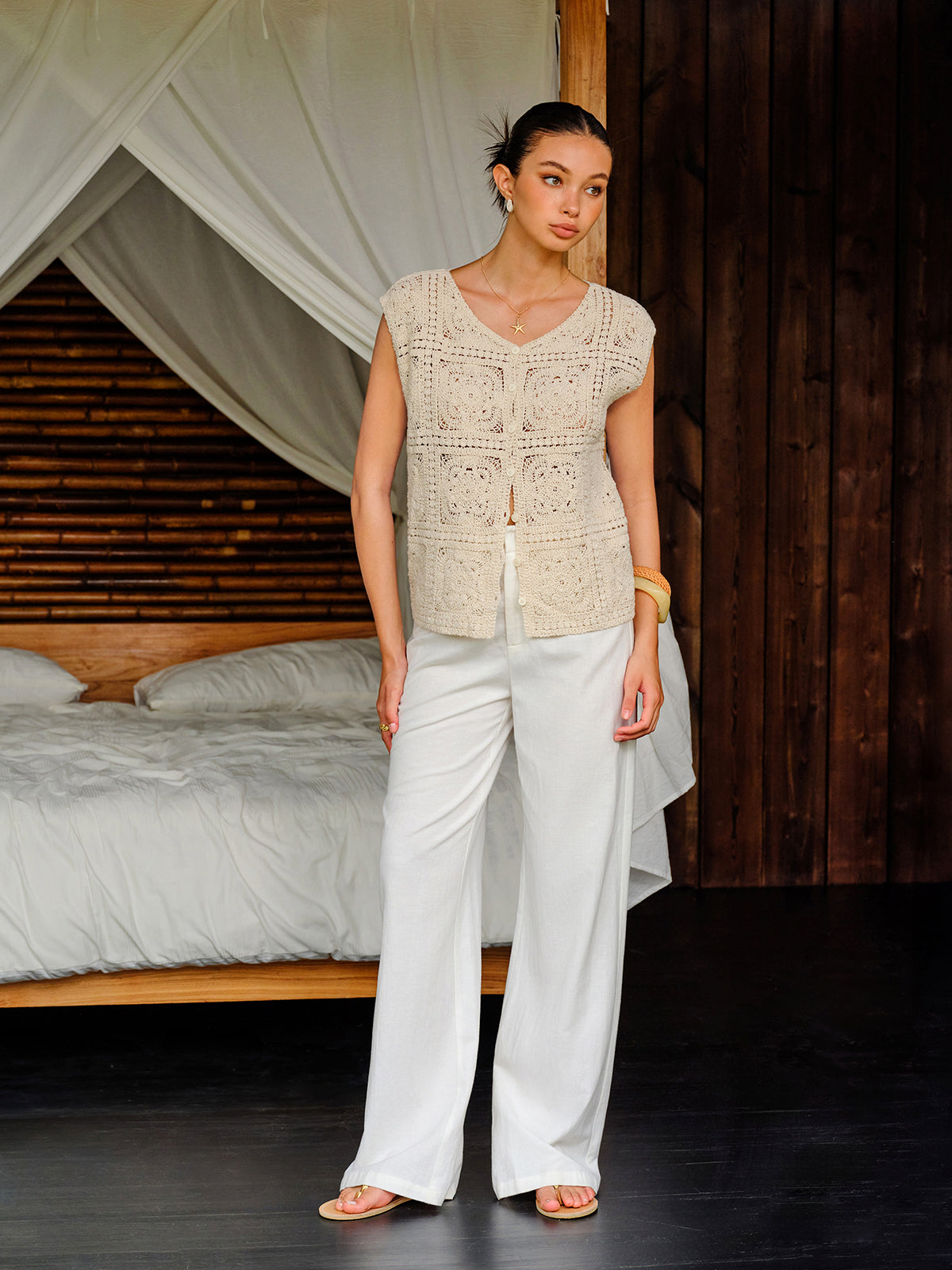 Cotton Crochet Knit Buttoned Top