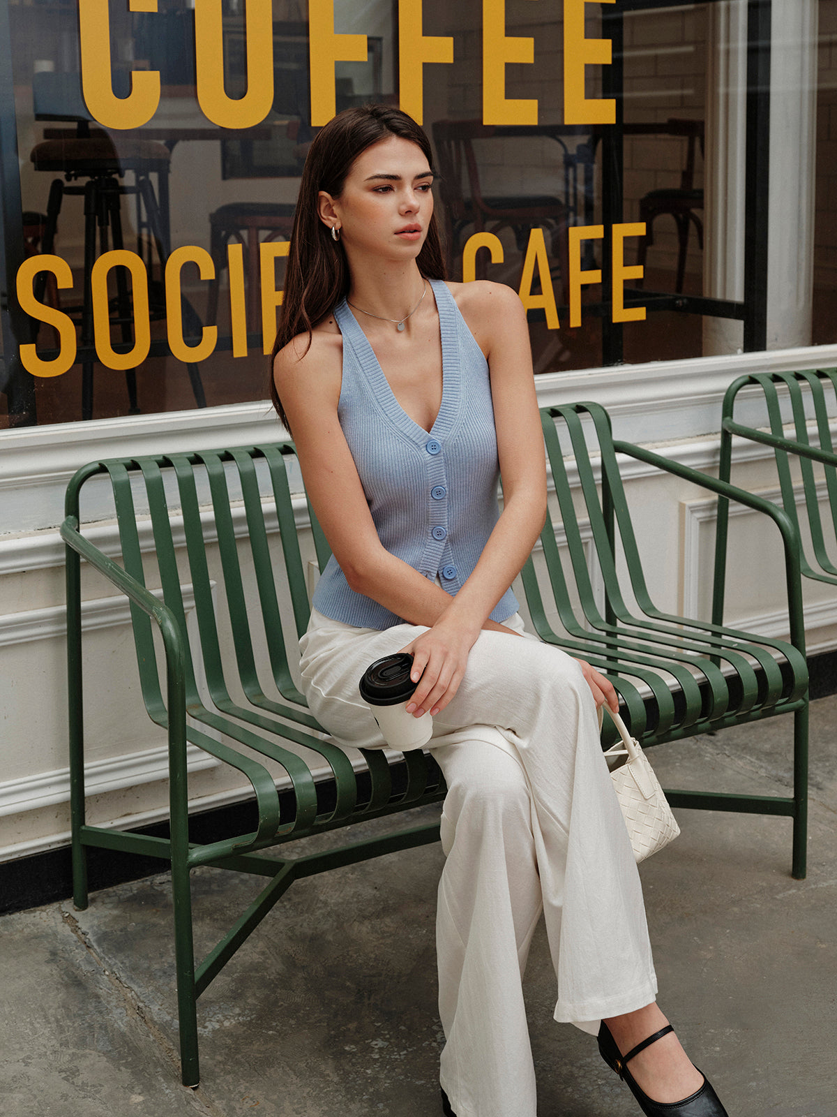 V-Neck Ribbed Split Sweater Vest