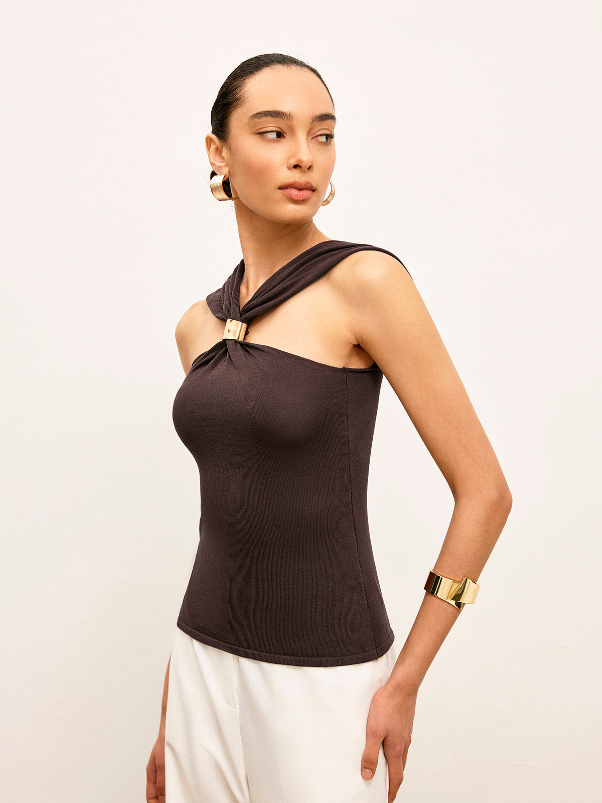 Knitted Twist Front Top With Gold Detail