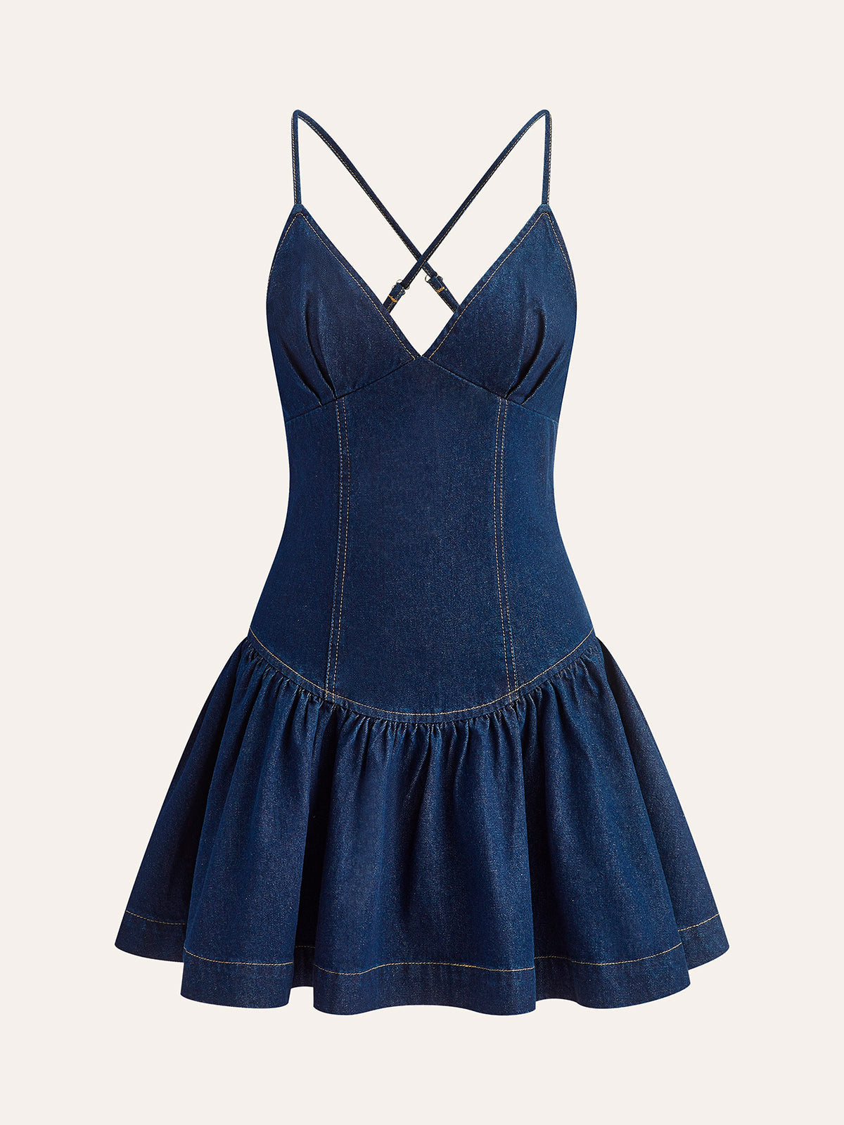 Denim-Kleid mit überkreuztem Rückenausschnitt und ausgestelltem Saum