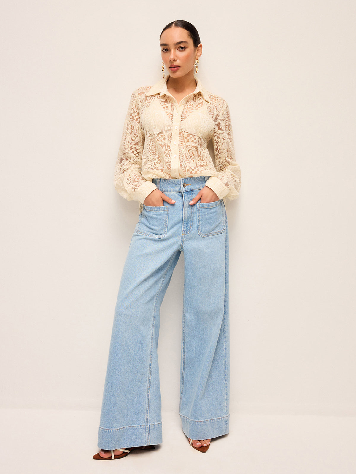 Long-Sleeve Lace Polo Collar Cotton-Blend Shirt