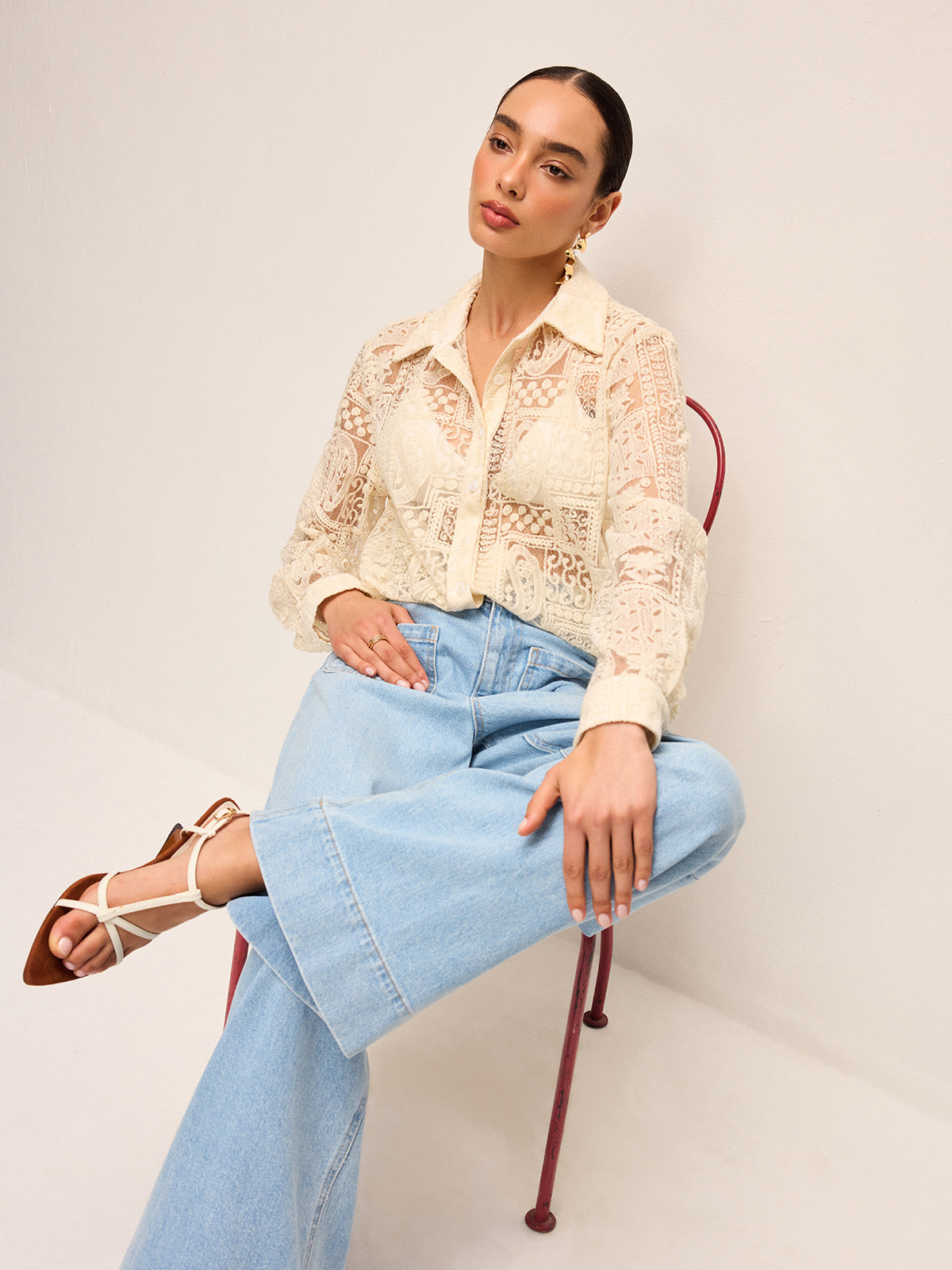 Chemise polo à manches longues en coton mélangé avec col en dentelle