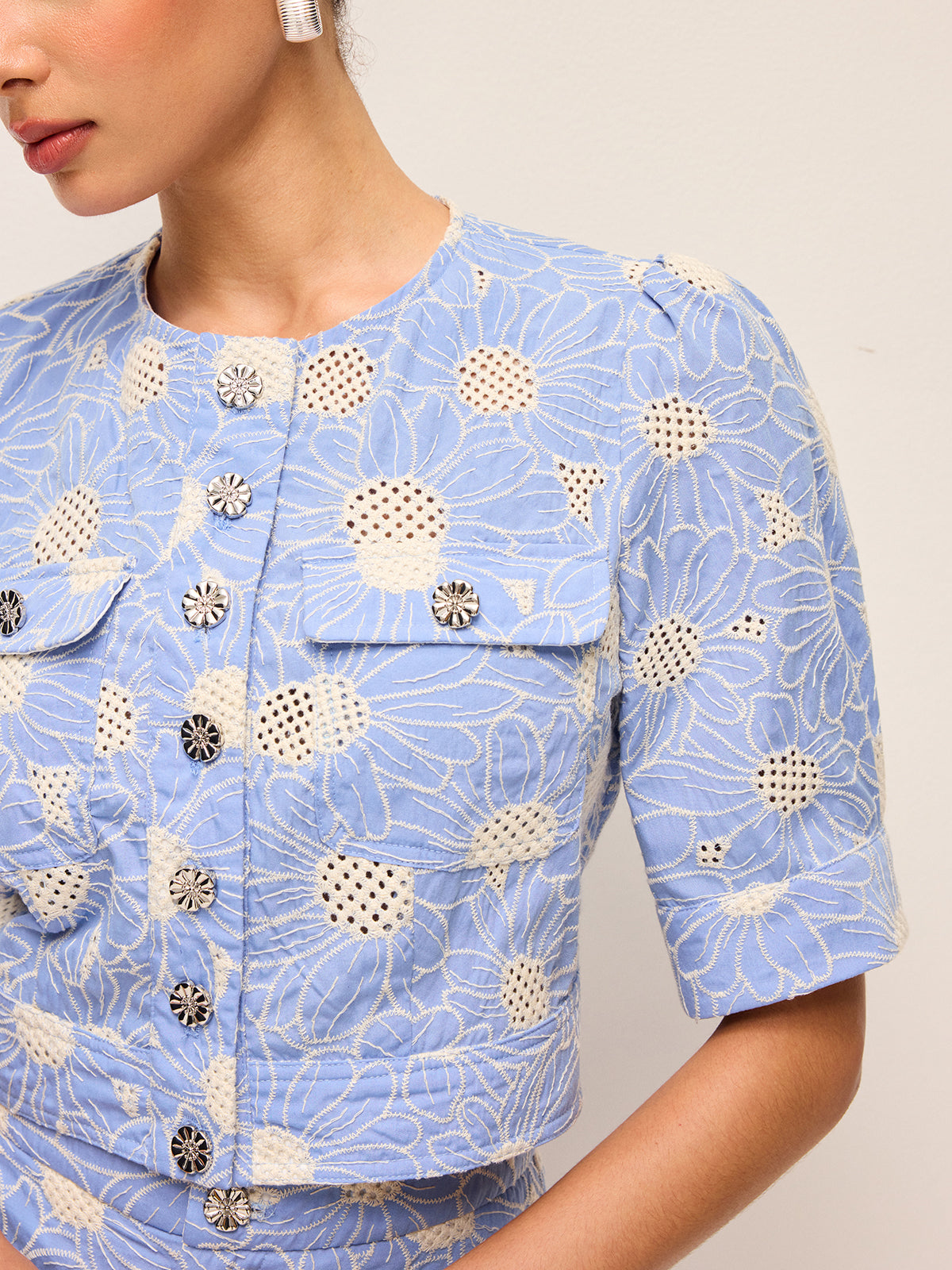 Floral Embroidered Button-Front Cropped Top