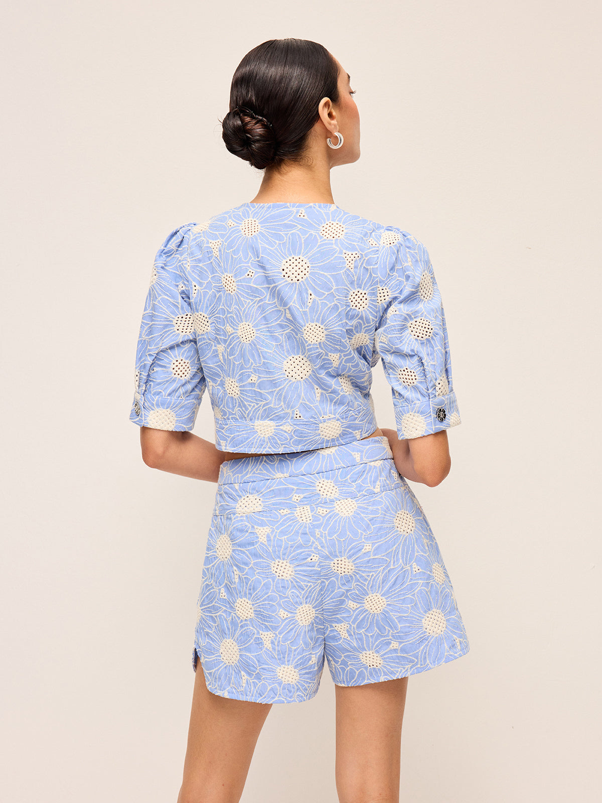 Floral Embroidered Button-Front Cropped Top