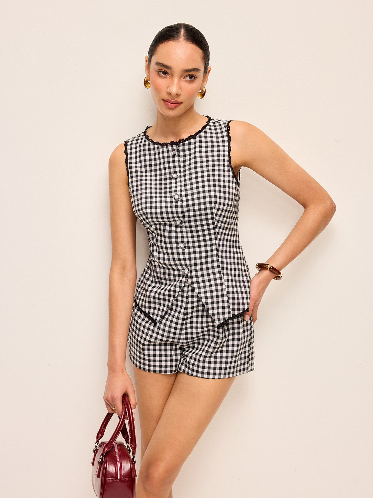 Gingham-Knopfleisten-Oberteil und Shorts-Set
