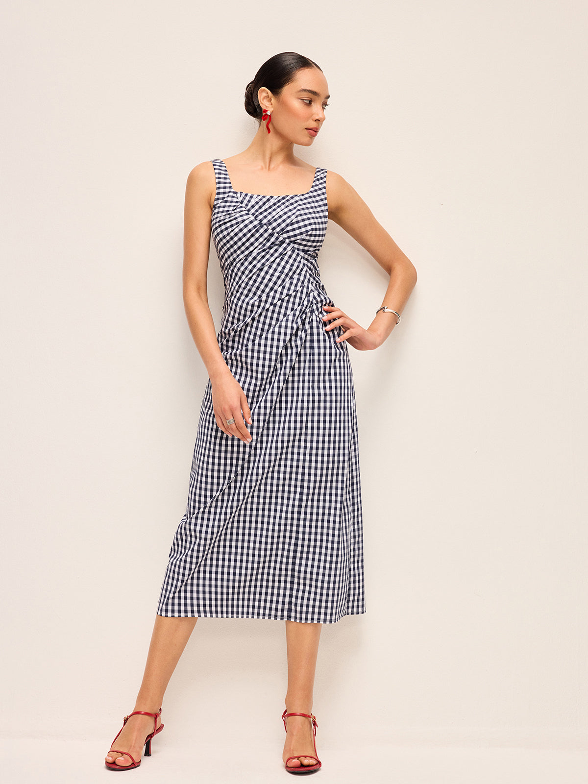 Sleeveless Gingham Dress With Asymmetric Pleats