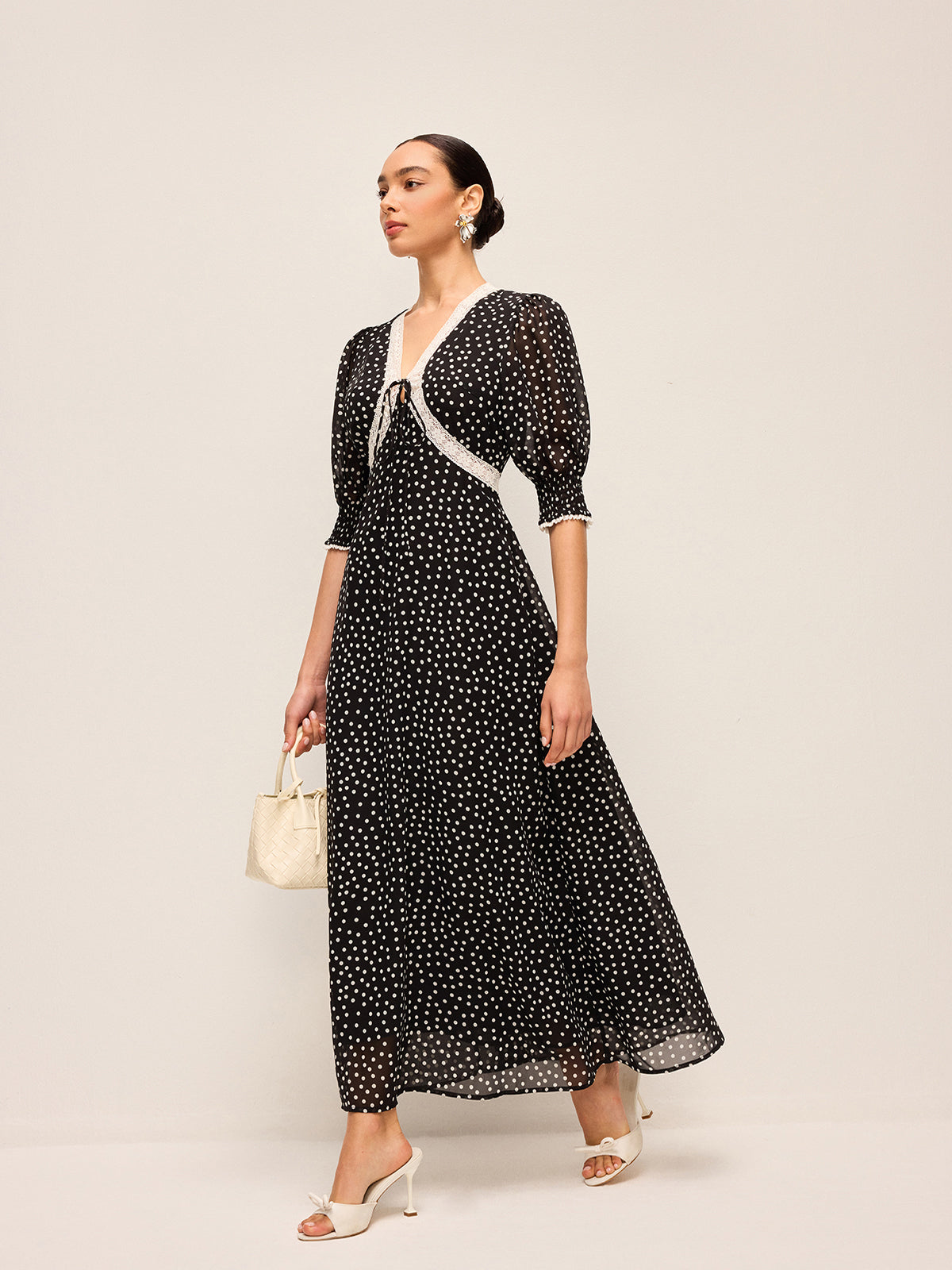 Semi-Sheer Polka Dot Chiffon Dress With Lace Trim