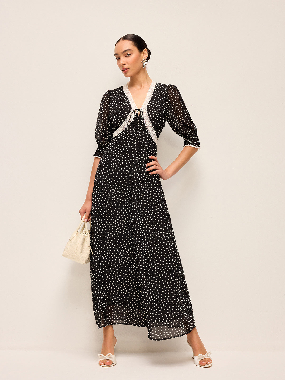 Semi-Sheer Polka Dot Chiffon Dress With Lace Trim