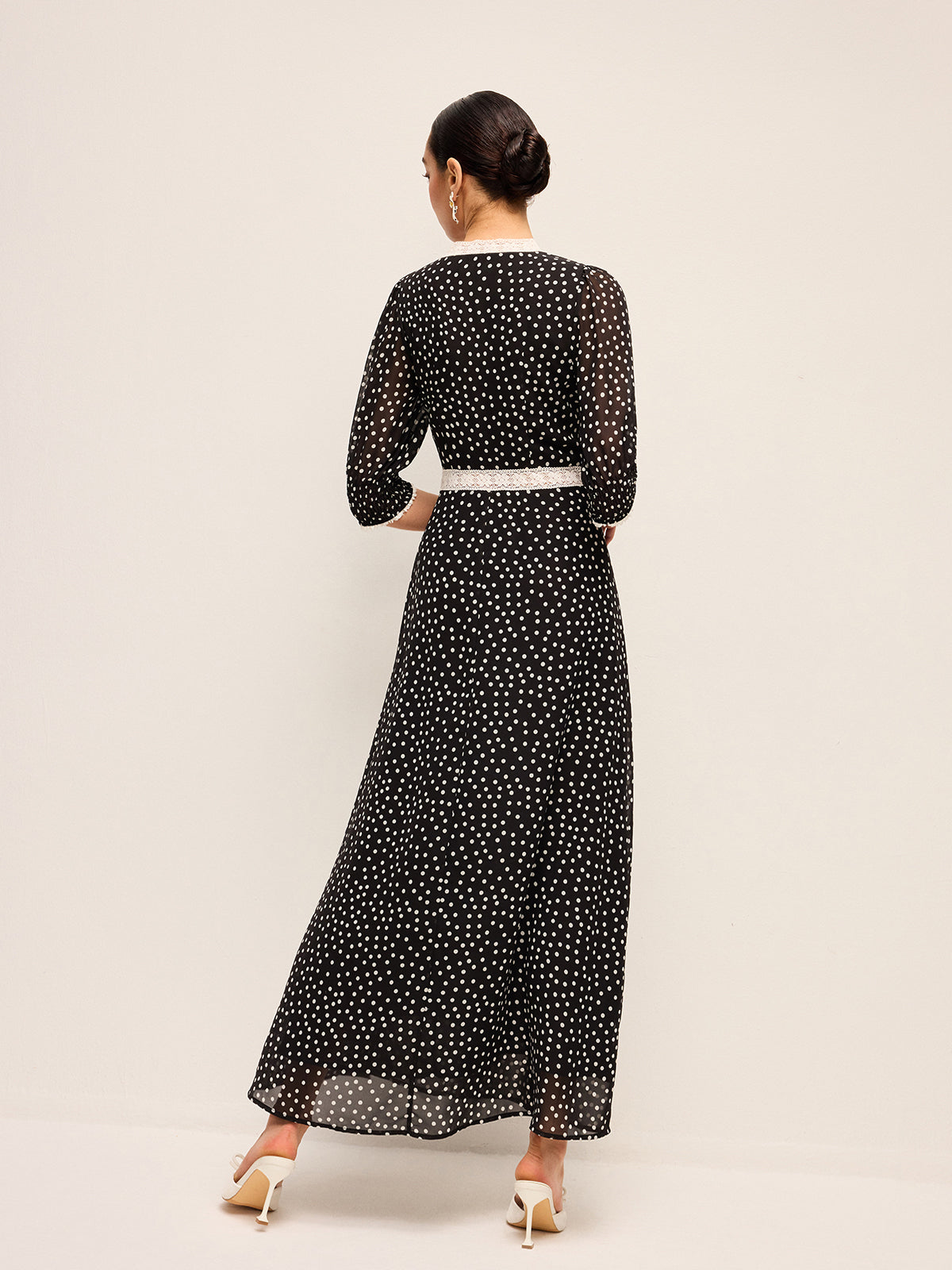 Semi-Sheer Polka Dot Chiffon Dress With Lace Trim
