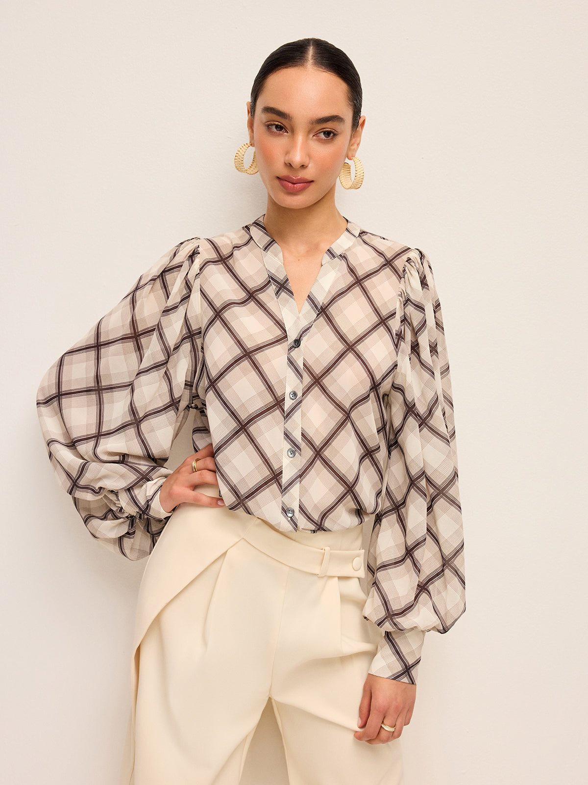 Long-Sleeve Plaid Chiffon Shirt With Neck-Tie Detail