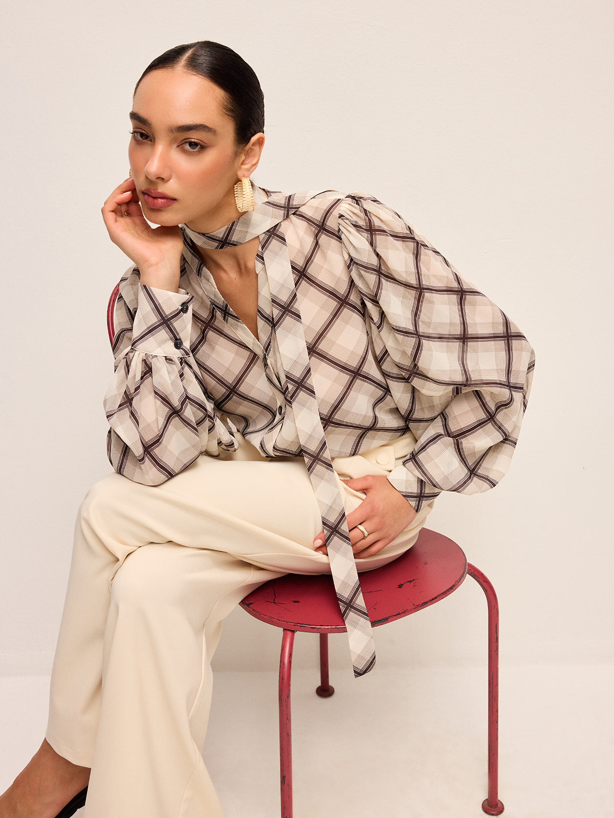 Long-Sleeve Plaid Chiffon Shirt With Neck-Tie Detail