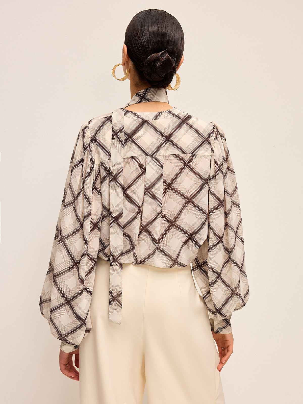 Long-Sleeve Plaid Chiffon Shirt With Neck-Tie Detail