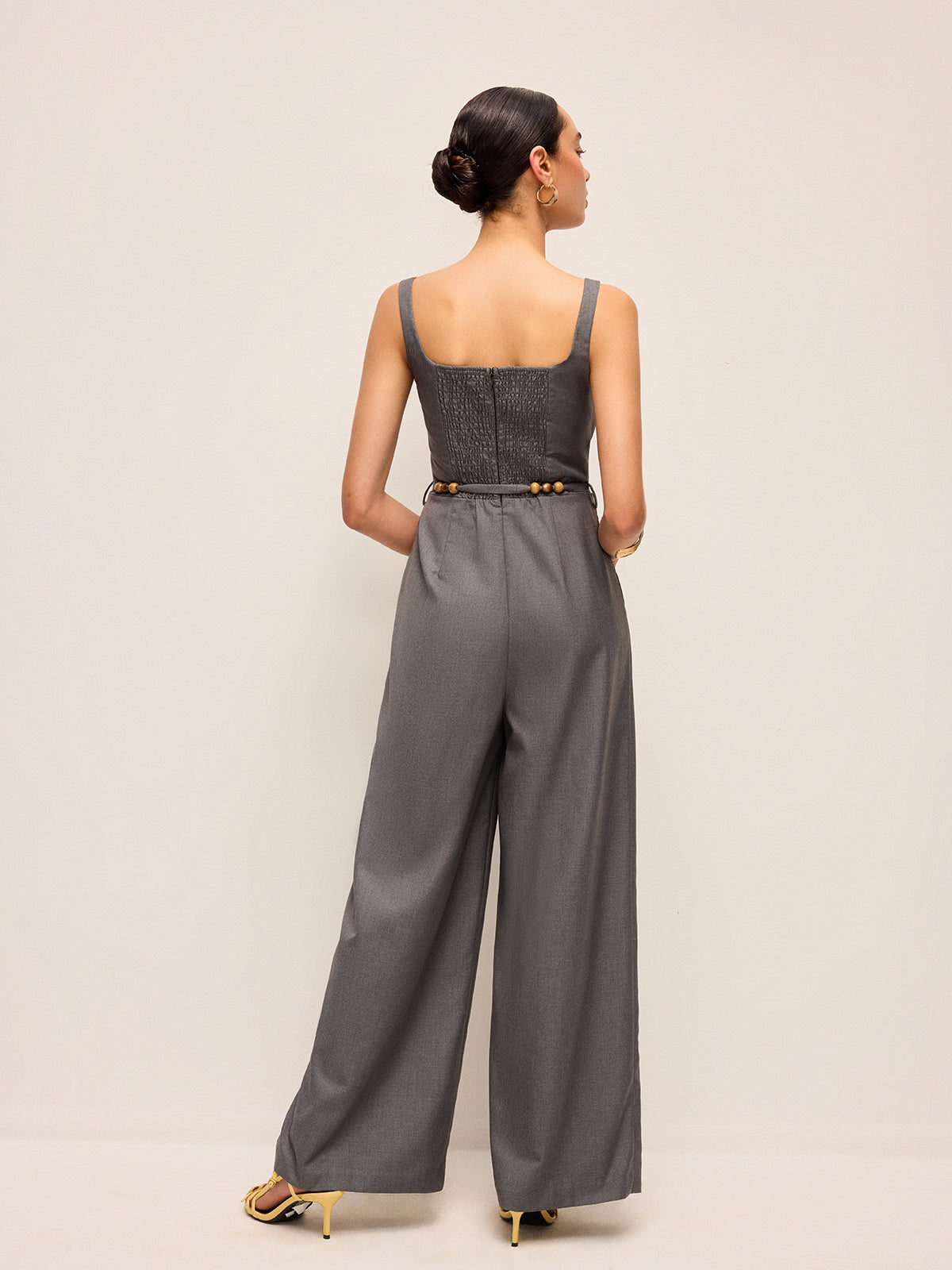 Square Neck Belted Jumpsuit With Beaded Waist Tie