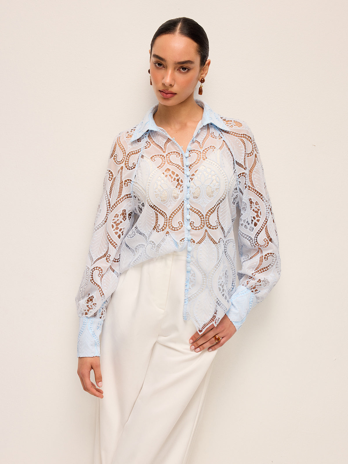 Sheer Lace Blouse With Cloth Button