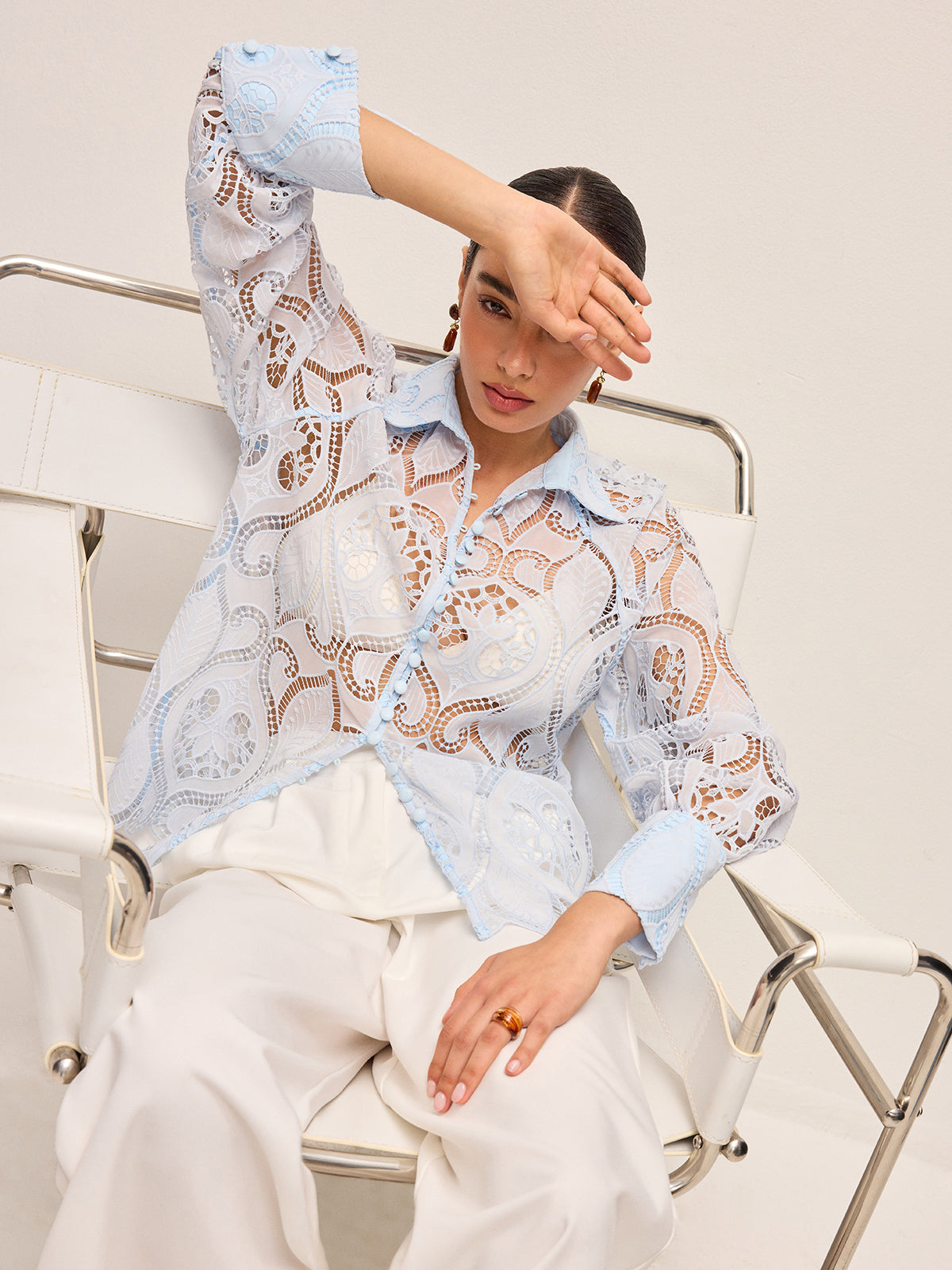 Sheer Lace Blouse With Cloth Button