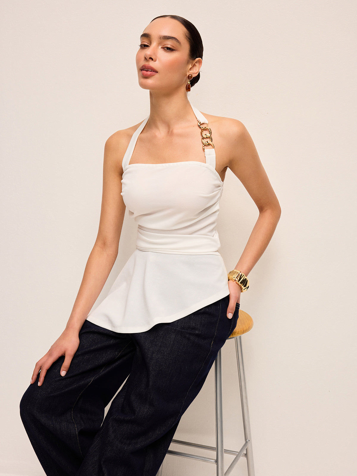 Halter Neck Peplum Top With Chain Detail