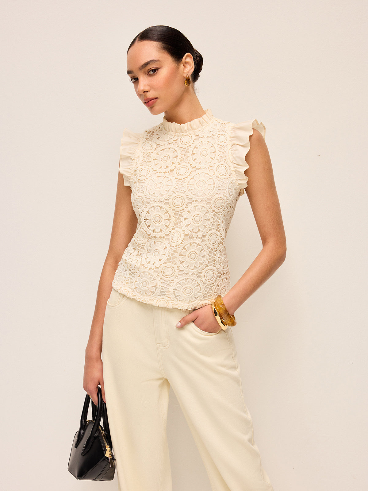 Sleeveless Crochet Lace Top With Ruffle Trim