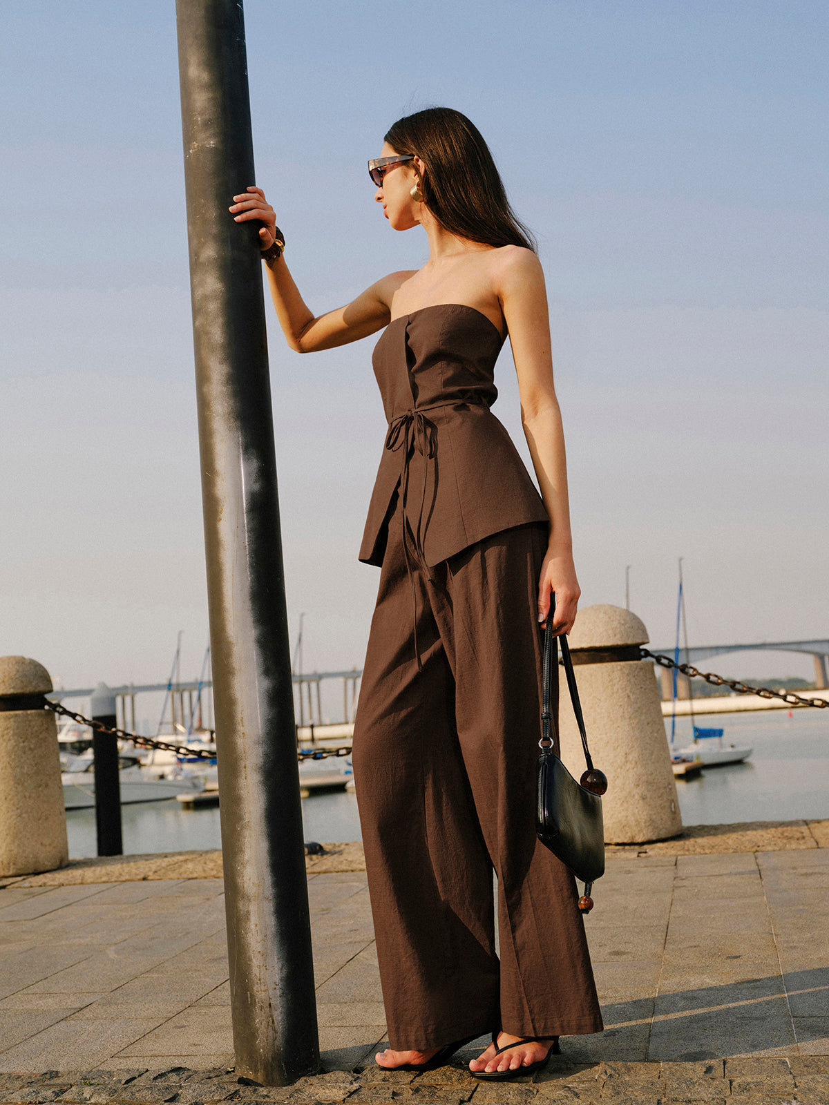 Pantalon taille mi-haute en coton et lin