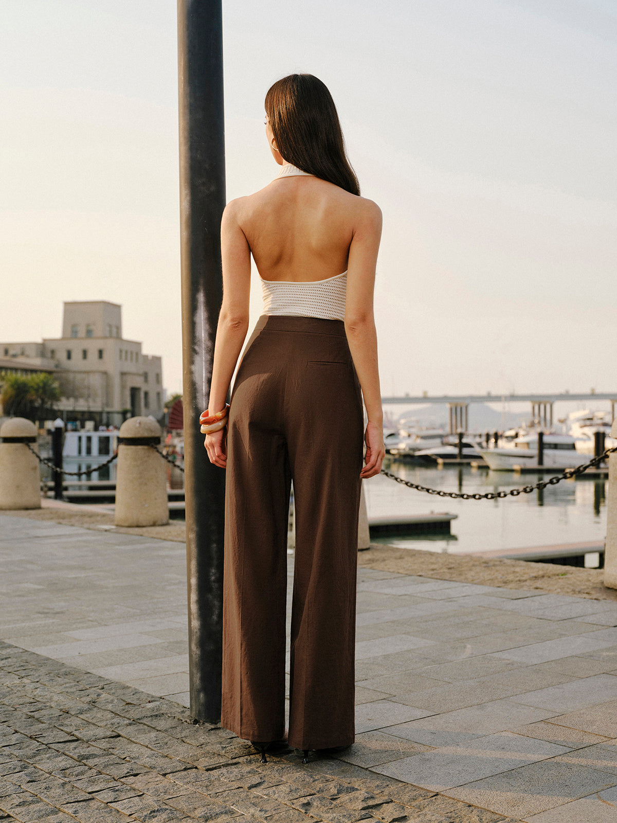 Pantalon taille mi-haute en coton et lin