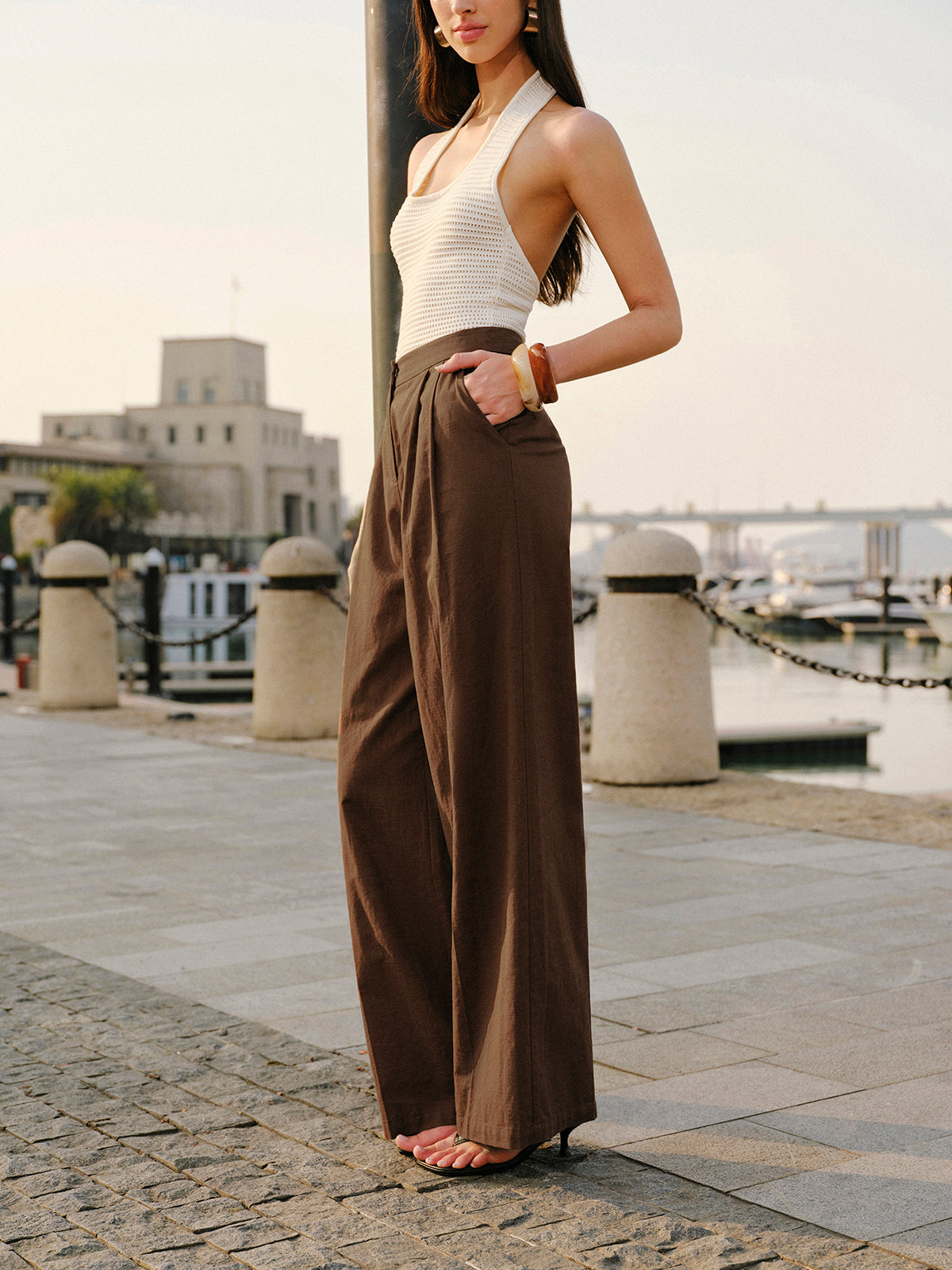 Pantalon taille mi-haute en coton et lin