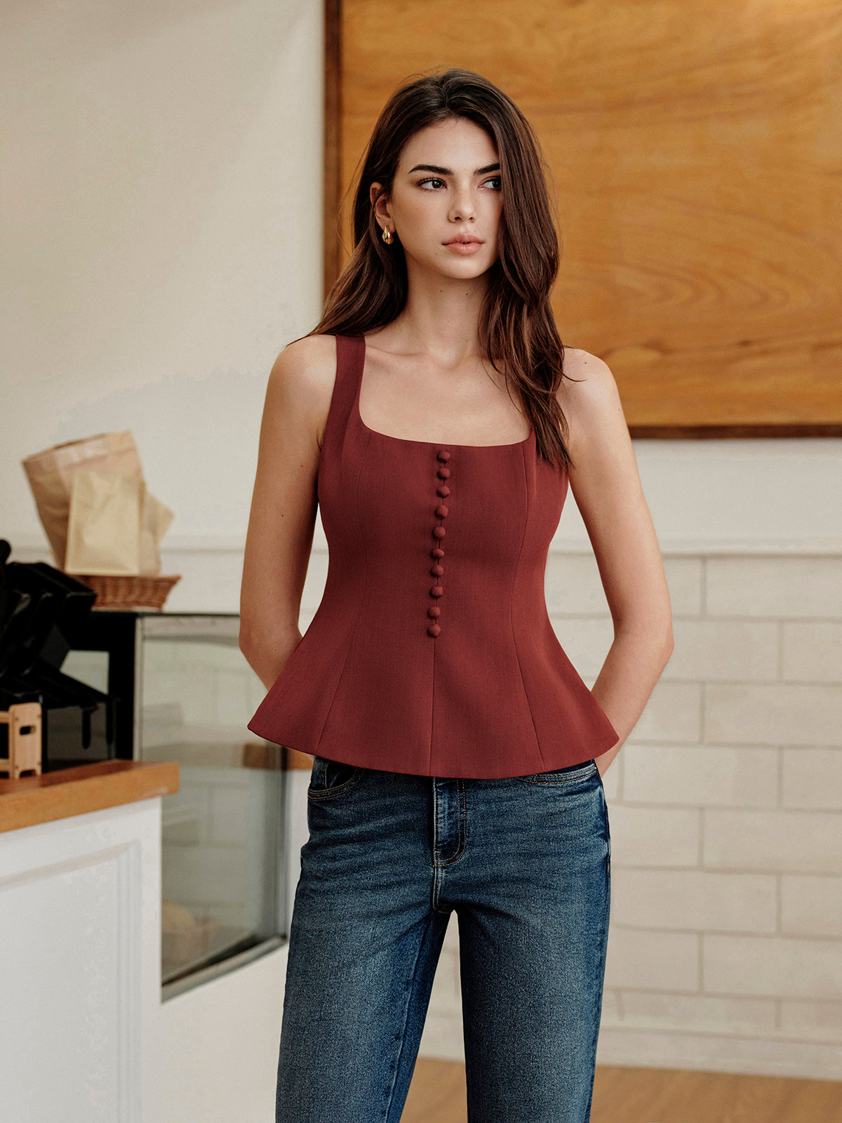 Square-Neck Zipper Tank Top