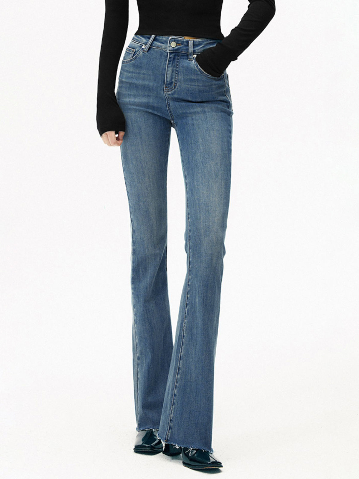 Jean bootcut taille haute en denim