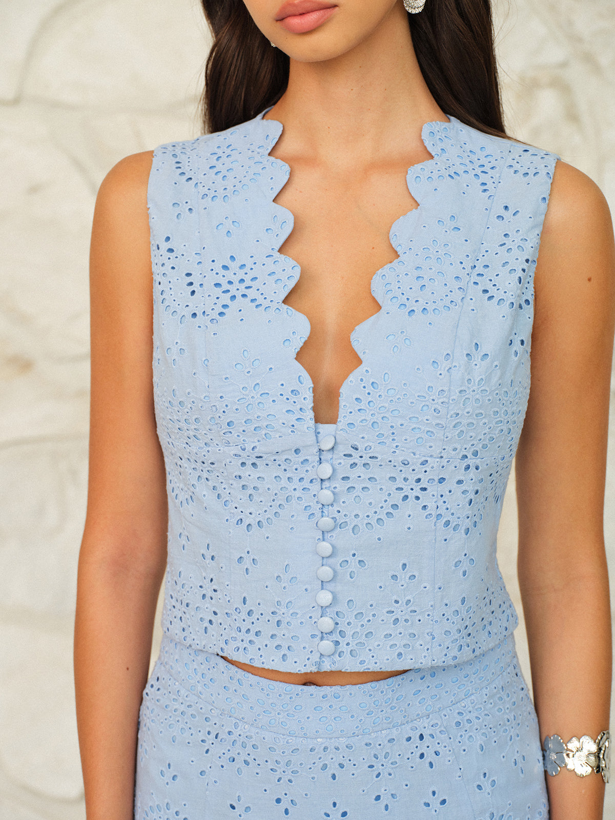 Scalloped Neckline Button-Front Eyelet Crop Top