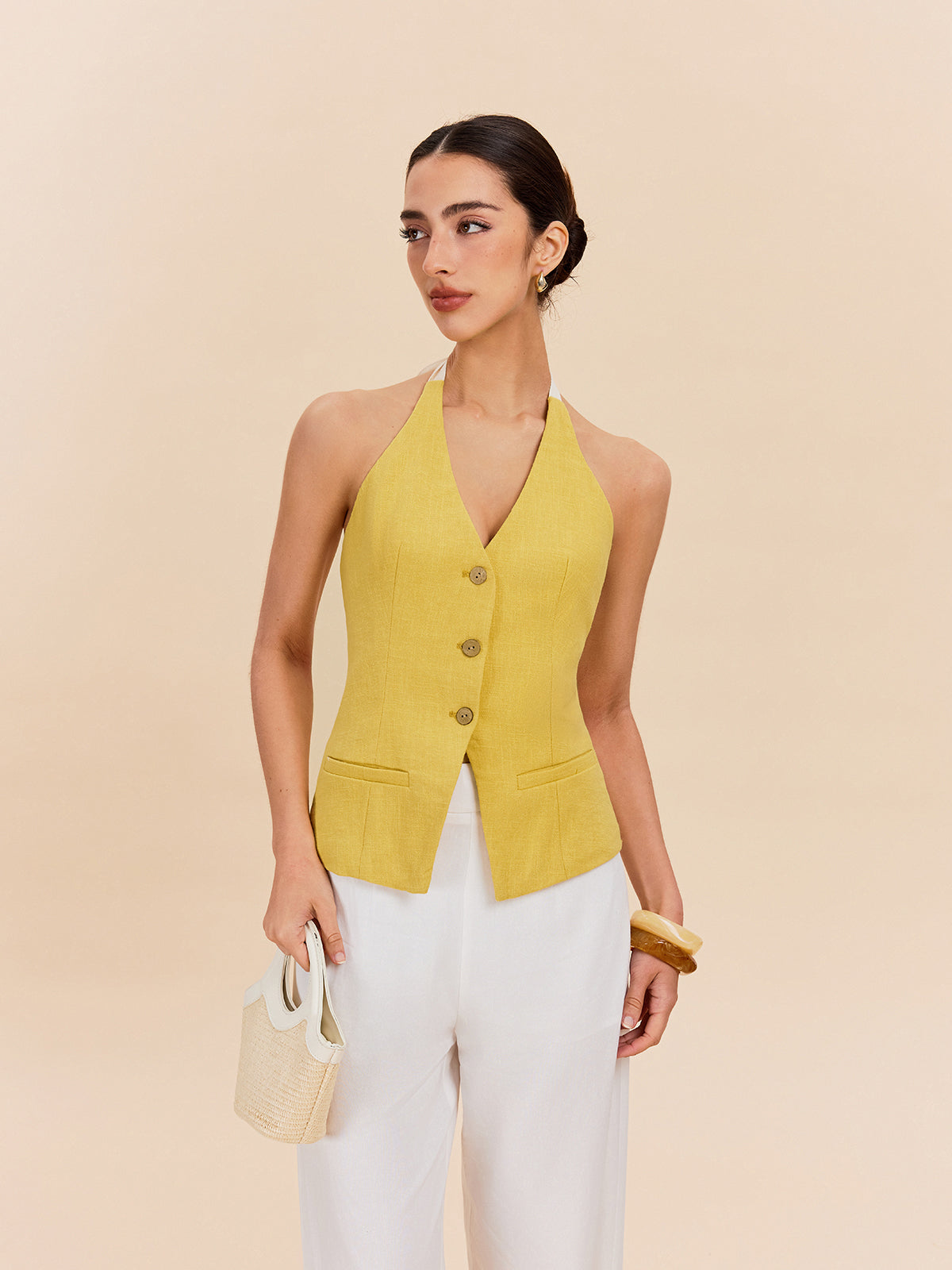 Cotton & Linen Halter Top With Decor Pocket