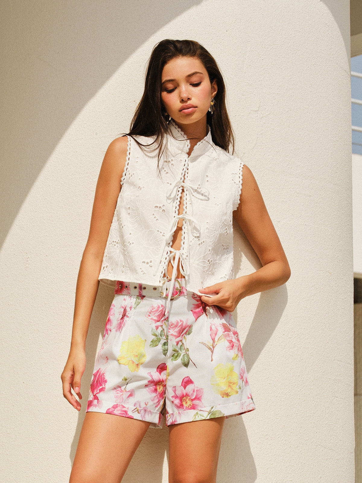 Sleeveless Eyelet Lace-Up Crop Top