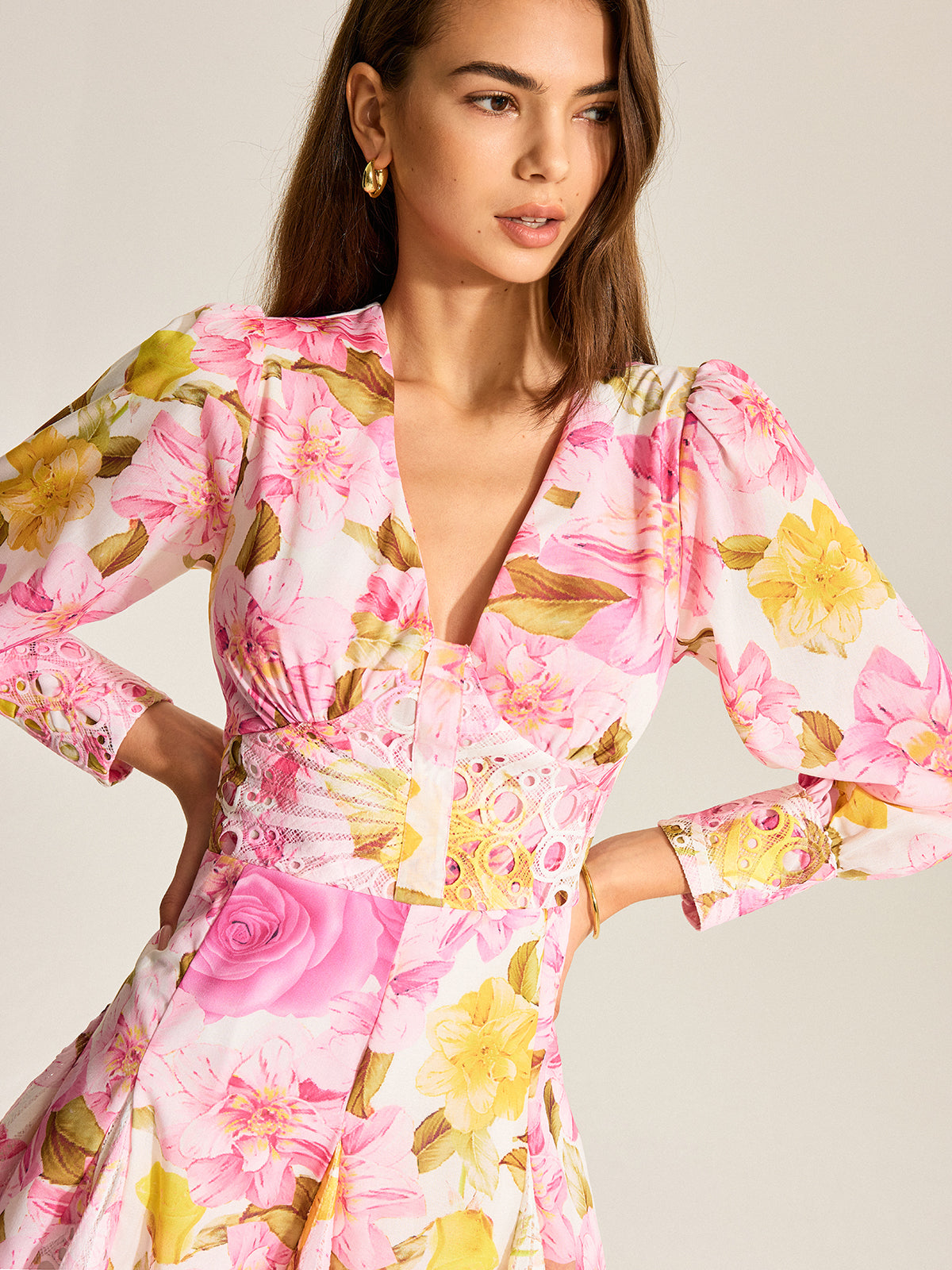 Floral Print V-Neck Dress With Eyelet Detail
