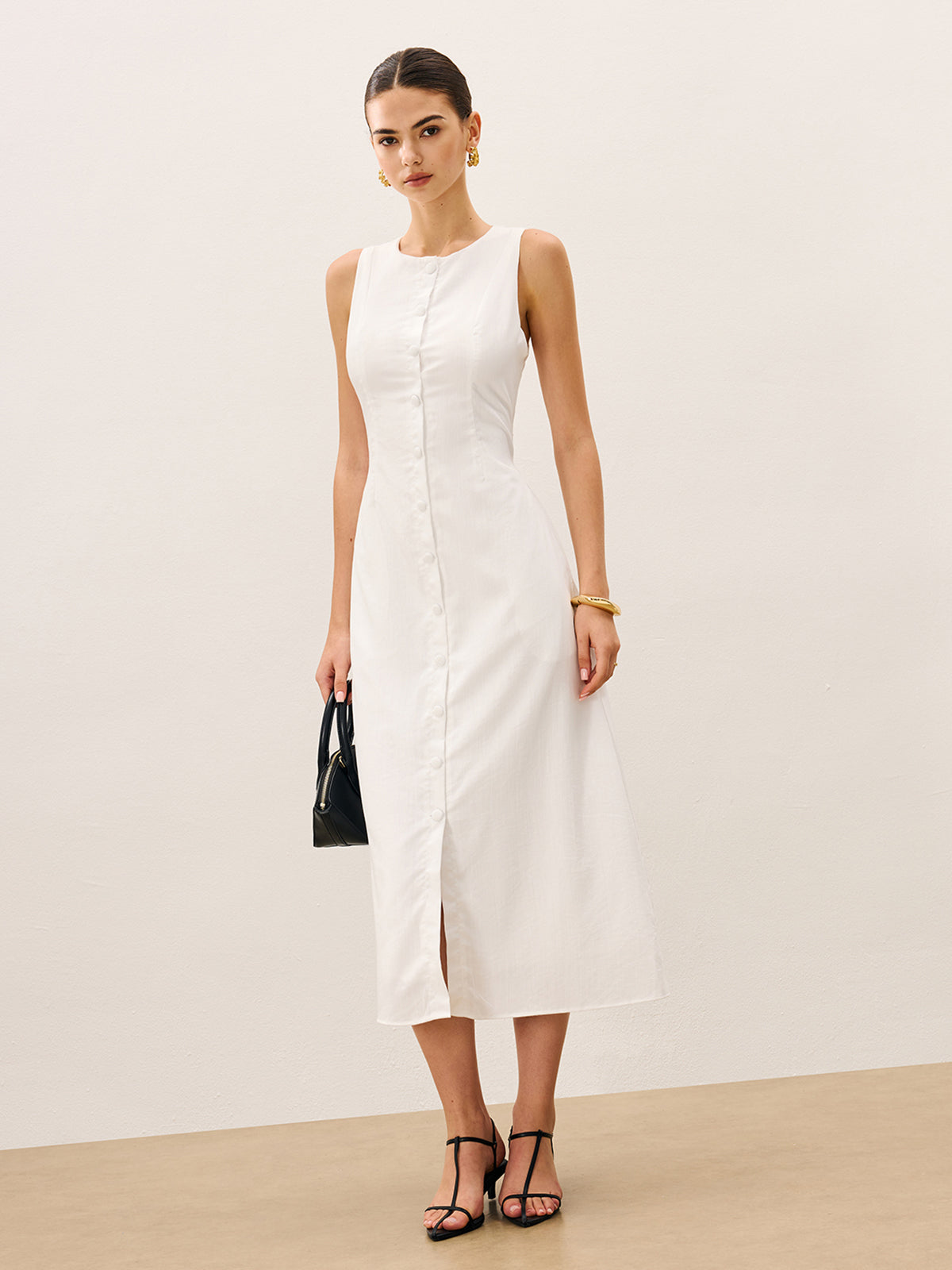 Cotton & Linen Button-Front Sleeveless Dress Without Belt