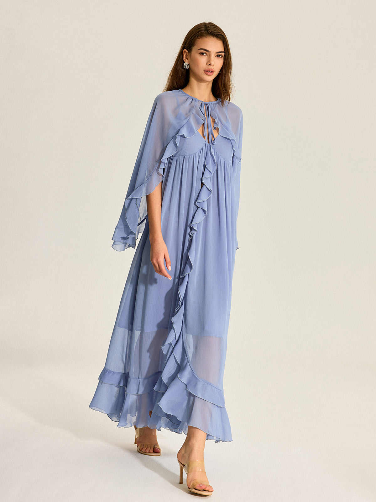 Semi-Sheer Cape Two-Piece Ruffled Chiffon Dress
