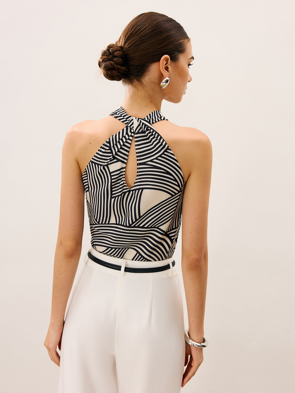 Haut dos nu à col châle imprimé rayures abstraites