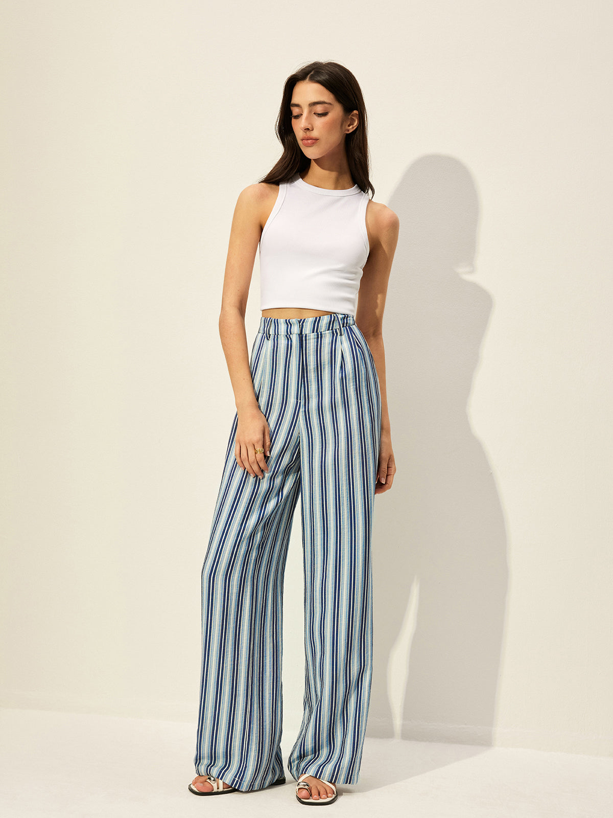 Gestreifte High-Waist-Hose aus Baumwollmischung