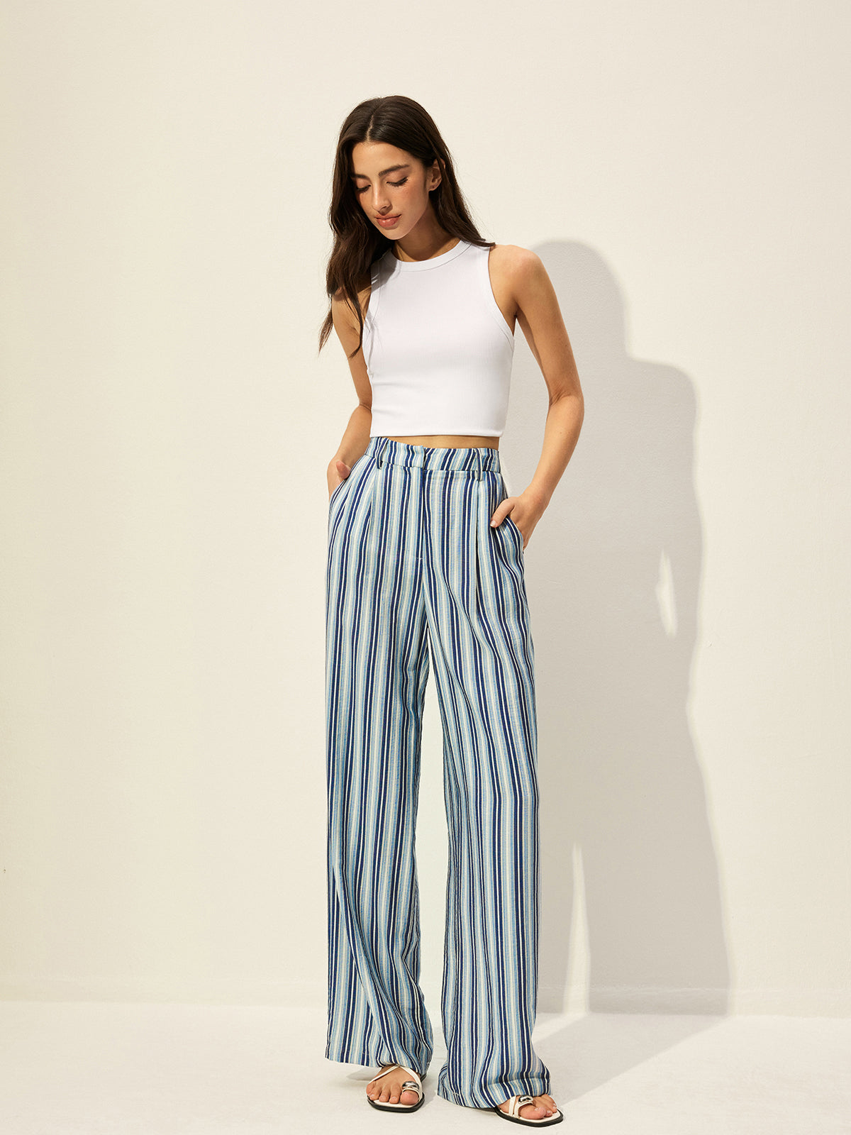 Gestreifte High-Waist-Hose aus Baumwollmischung