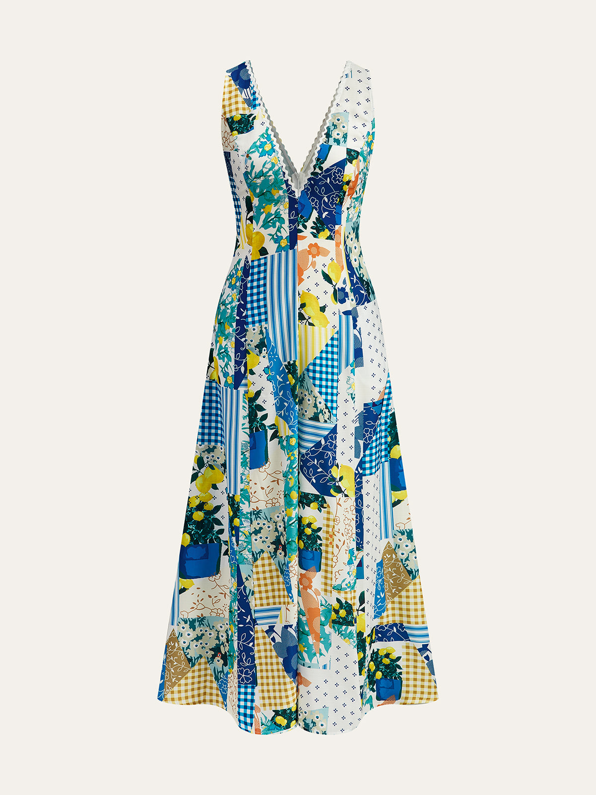 Langes Kleid mit Zitronenmuster und Spitzenbesatz