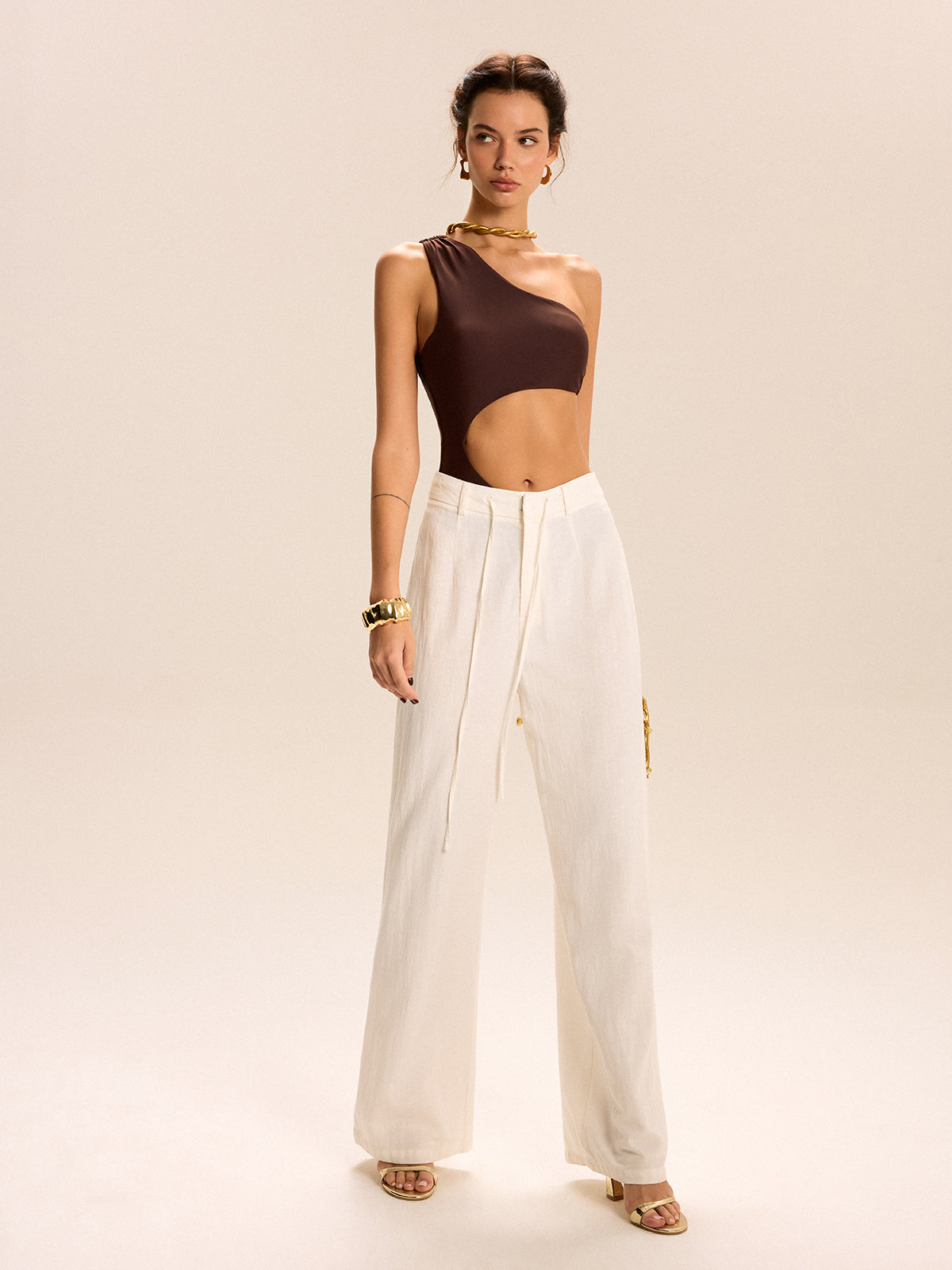 One Shoulder Cutout Metal Buckle One-Piece